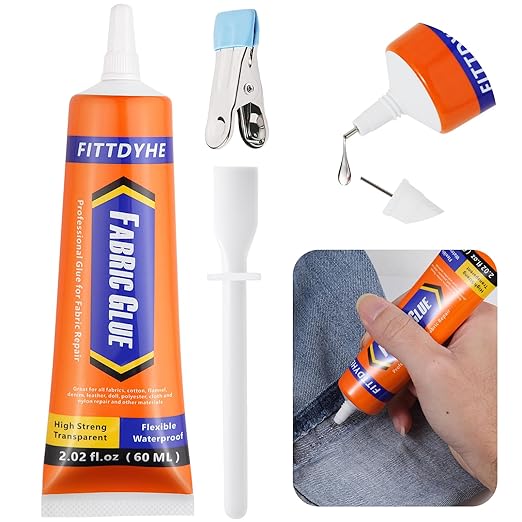 Fabric Glue Permanent, 60 ML Washable Clear Clothing Glue, Super Fabric Adhesive for Rhinestones, Patches, Clothes, Denim, Leather, Polyester, Fabrics, Doll Repair, Flannel, Cotton