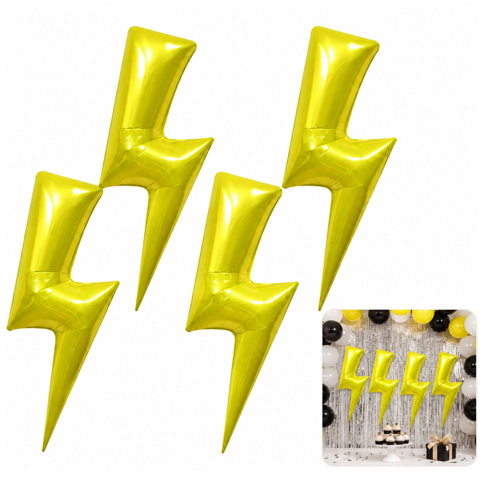 DCYQAIN 4 Pack 33 Inch Gold Lightning Bolt Foil Balloons, Large Metallic Mylar Flash Shape Decorations, Self-Sealing Reusable Balloons for Birthday, Anniversary & Event Styling