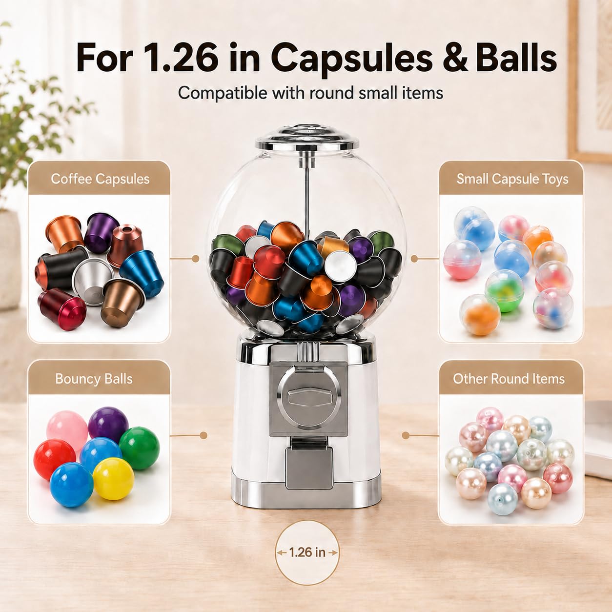 Dispensador Manual de cápsulas de café para mostrador y Zona común | El selector regulable guía diferentes formatos compatibles hacia la salida inferior durante la rotación completa del mando.