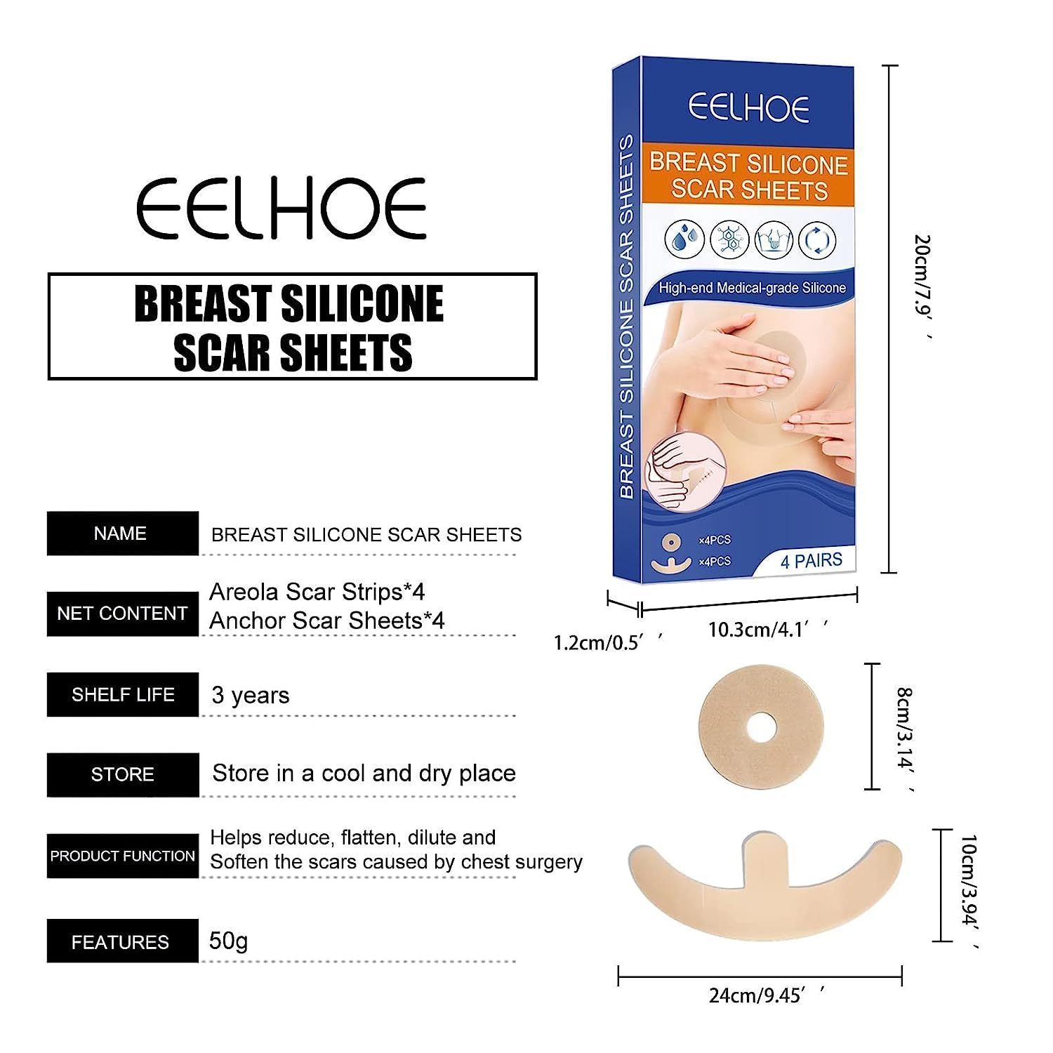 1/2/3Box Silicone Scar Sheets Silicone Scar Sheets For Breast 8 Pack Breast Reduction After For Scar Removal Sheets 4 Areola Soft Strips 4 Sheets (2Box)