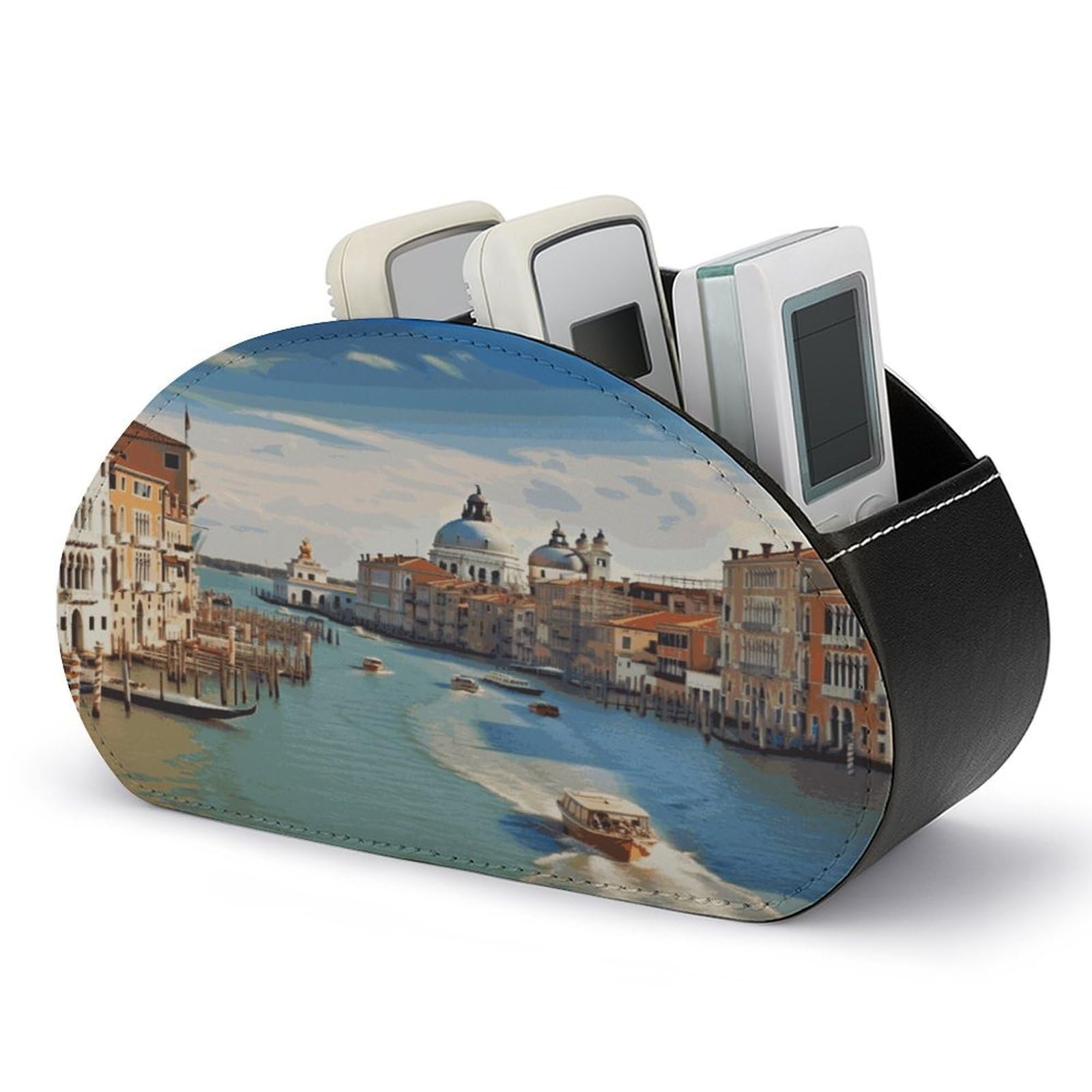 JTREHY Grand Canal in Italy Remote Control Holder 5 Compartments Remote Caddy Tray PU Leather TV Remoter Storage Box Bedside Table Storage Organizer Office Desk Storage Case