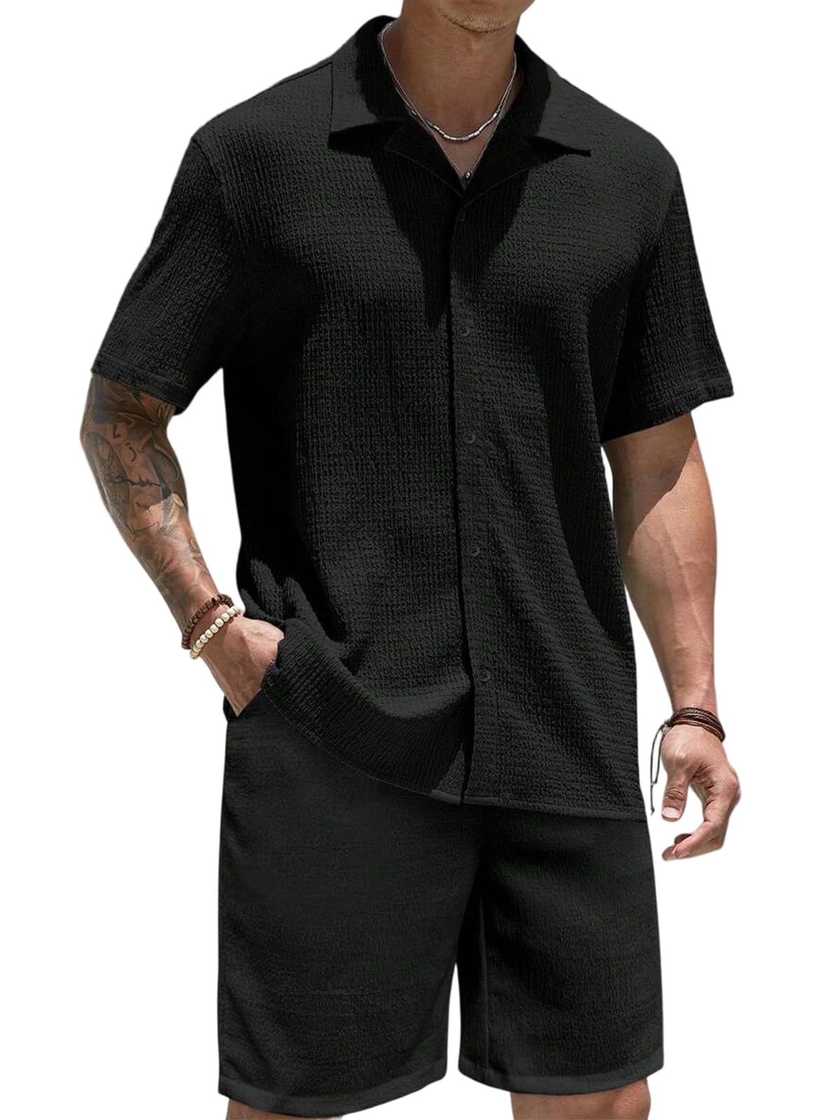 Herren 2-Teiliges Set Sommer Jogginganzug Outfit - Kurzarm Hemd und Kurze Hose - Casual Männer Atmungsaktiver Trainingsanzug Freizeitanzug für Urlaub & Strand