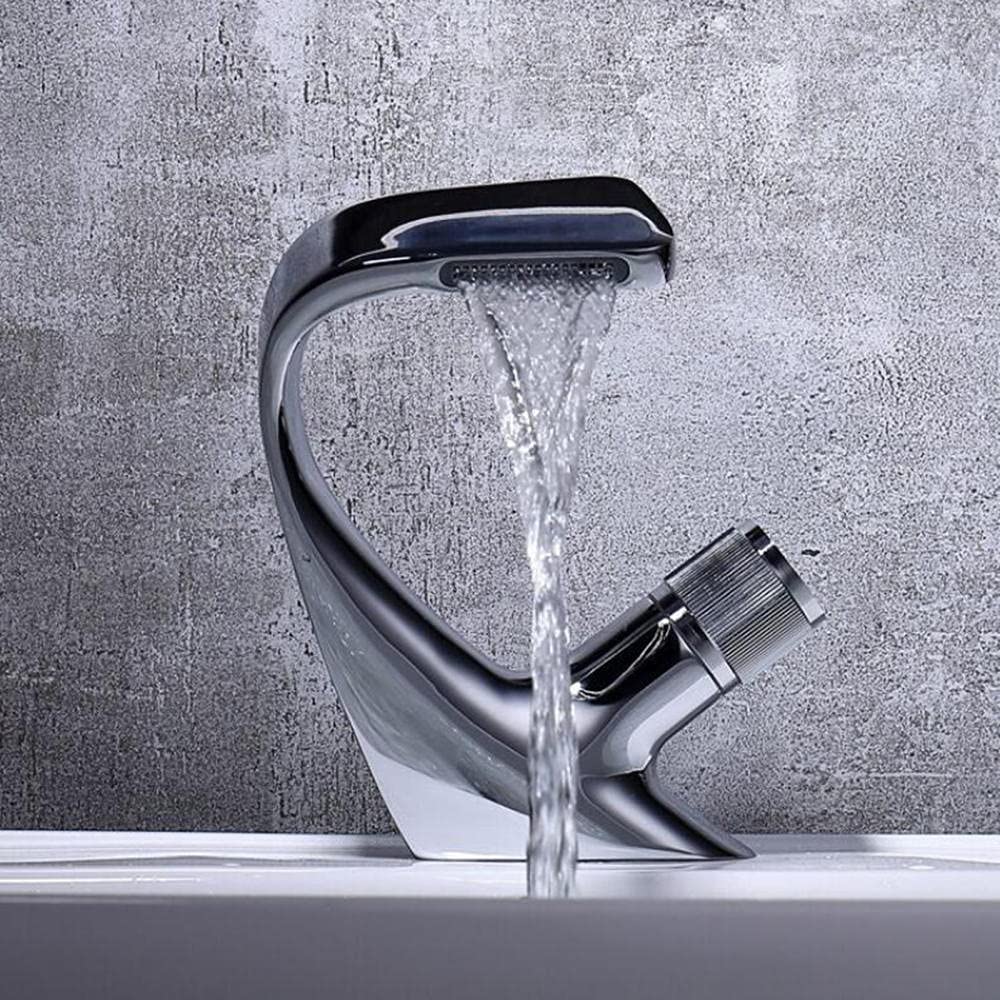 VDOQTLJT Bathroom Sink Faucets Waterfall Basin Brass Single Hole Cold and Hot Water Tap-Grey(Cromo)