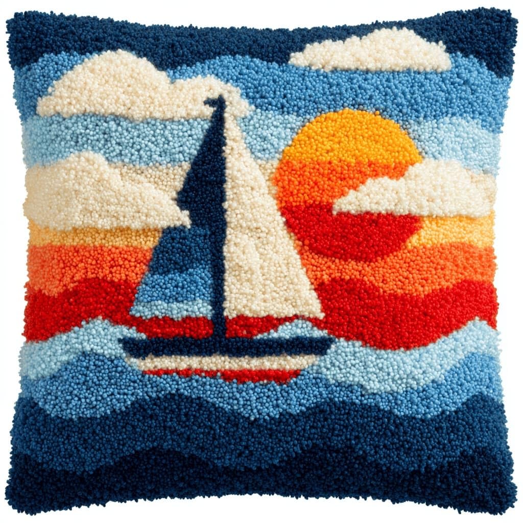 AxiangziK Latch Hook Cushion Kits,Sailboat DIY Needlework Pillow Cover Cushion Rug Making Kit,17X17Inch Handmade Embroidery Kits, Decorative Throw Pillow Cover for Sofa Cushions, Bedroom Decor