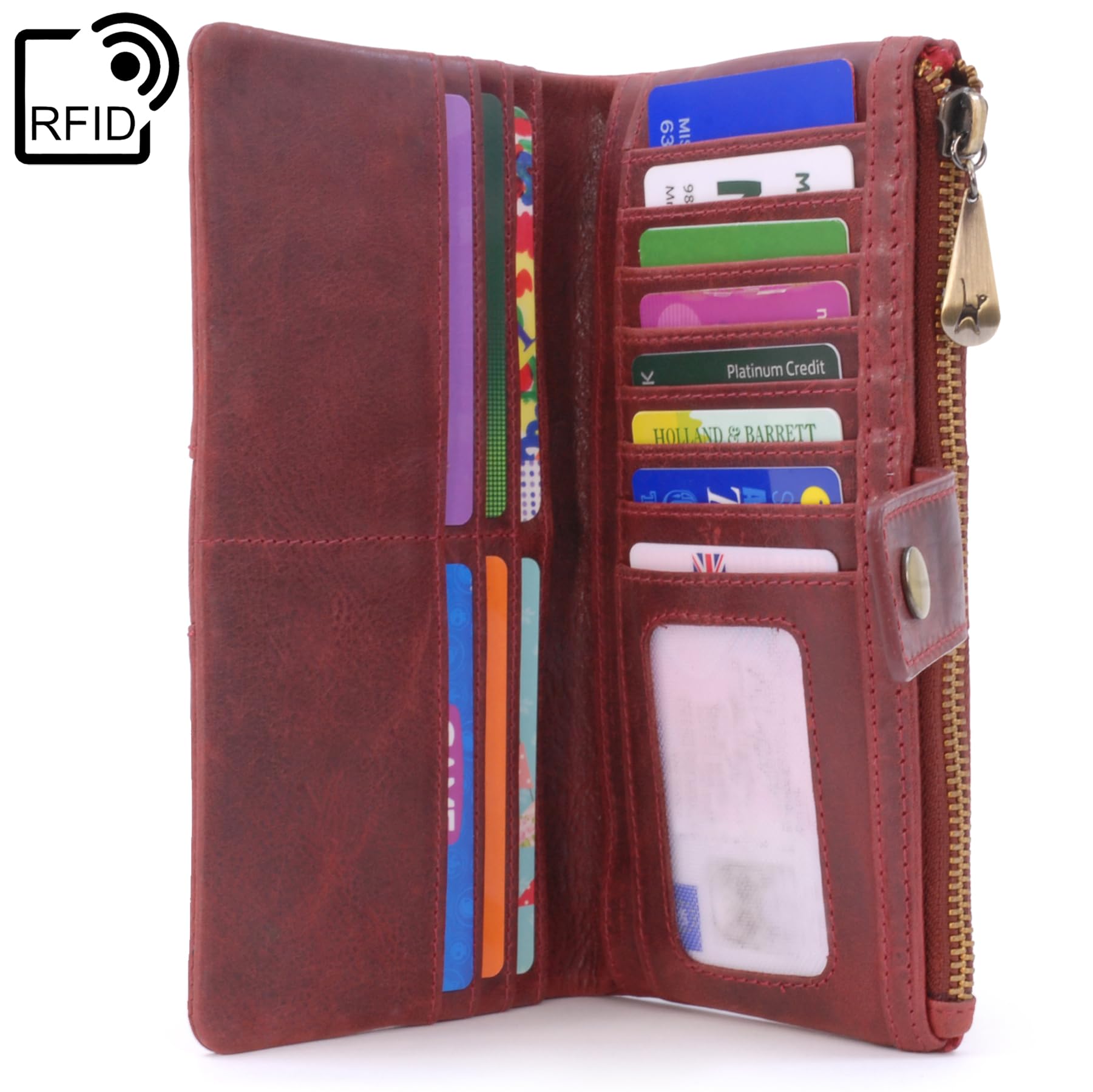 Catwalk Collection Handbags - Grande Portafoglio Donna in Pelle - Portamonete Per Smartphone e 14 Carte di Credito - RFID Protezione - Fiona - Rosso