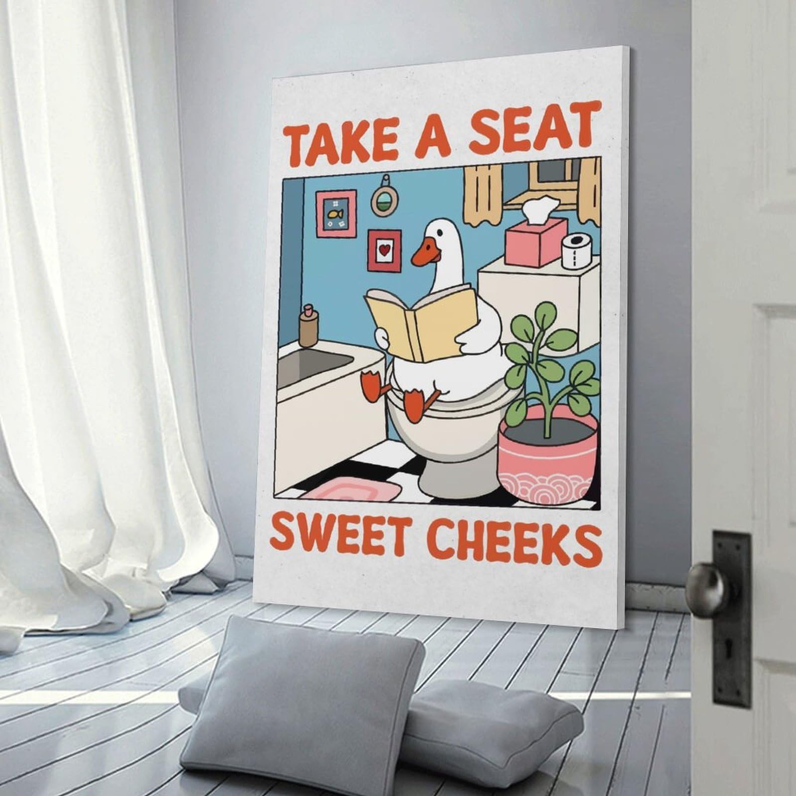 Junmoney Frame-Style Goose Reading On The Toilet Wall Decor Canvas Print, 08X12inch(20X30cm), For Wall Displays, Bedrooms Or Room Updates, Wall Decor Suited To Curated Displays
