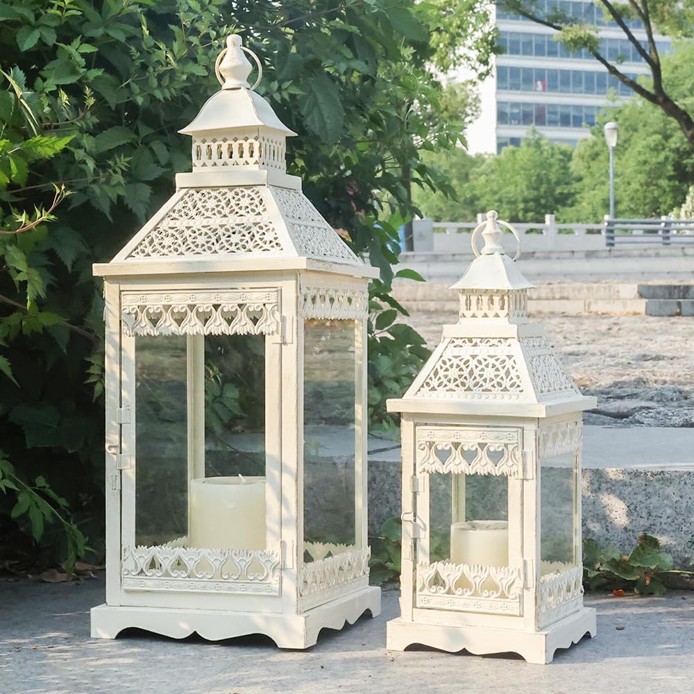 needomo lanterns decorative outdoor & indoor, set of 2 outdoor lanterns for porch,large square candle lantern, beige metal frame with glass for fall, christmas beige-21"+15"