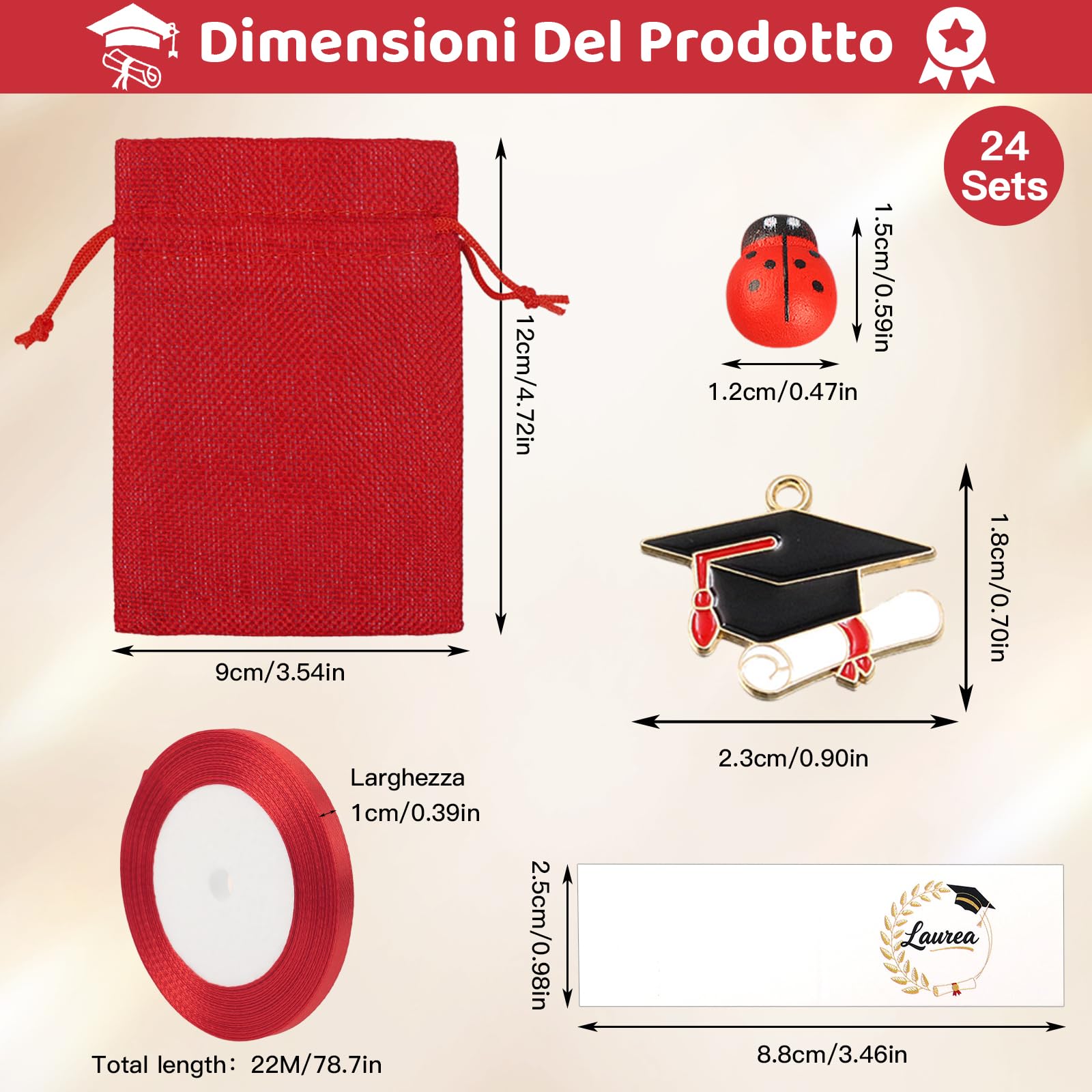 24Pz Bomboniere Laurea Portaconfetti, Rossa Sacchetti Laurea con Ciondoli Coccinella, Biglietti e Nastro per Cerimonie, Feste - 4