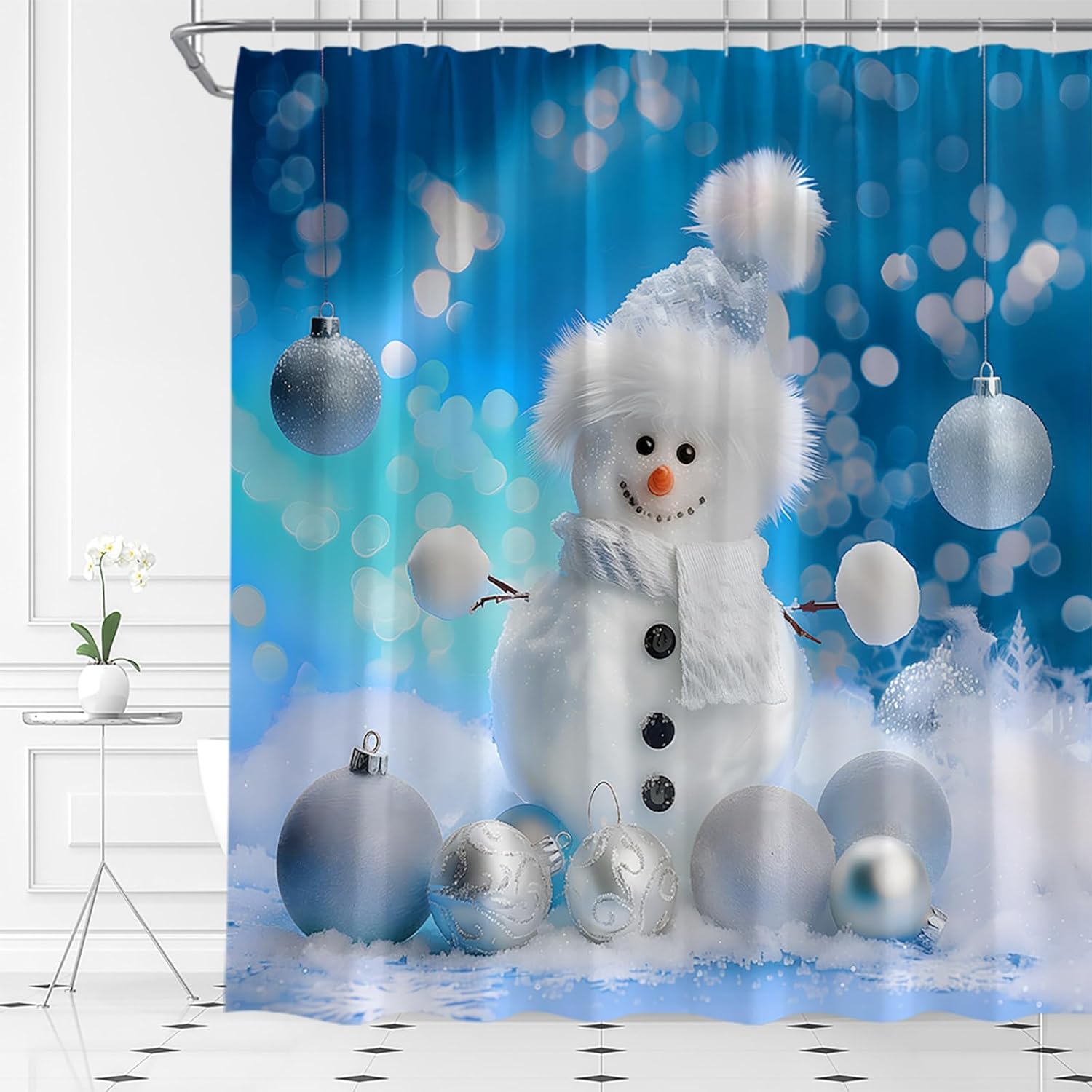Cute Snowman Shower Curtain Silver Christmas Ball Blue Merry Xmas Winter Holiday Happy New Year Bathroom Curtain Set with Hooks(91" Wx70 H)