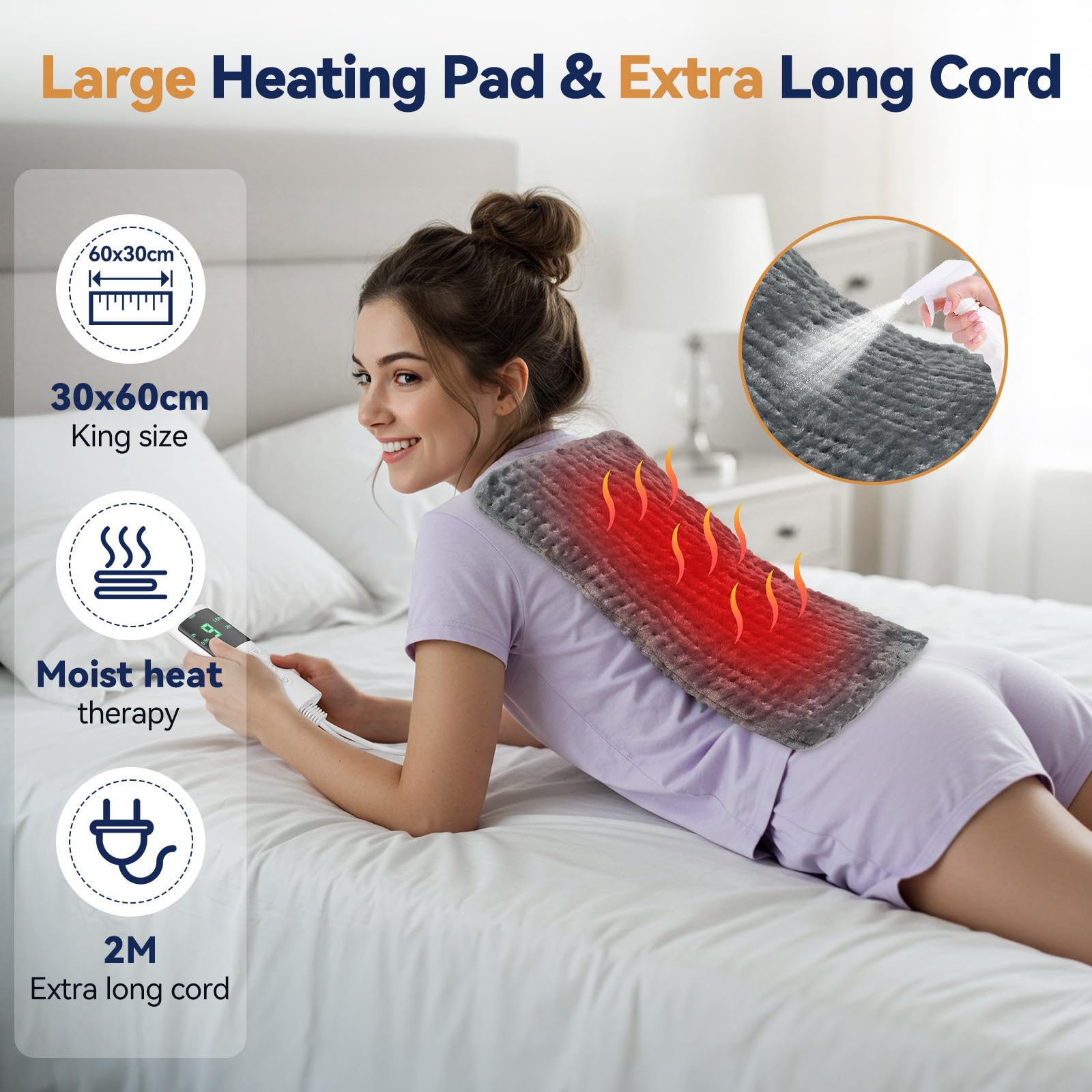 Termoforo Elettrico – per Addome, Schiena, Spalle, 9 Livelli Di Temperatura, 4 Timer, Spegnimento Automatico, Cuscino Riscaldante Lavabile in Lavatrice Termoforo, Regalo di Natale– Grigio (60x30 cm)