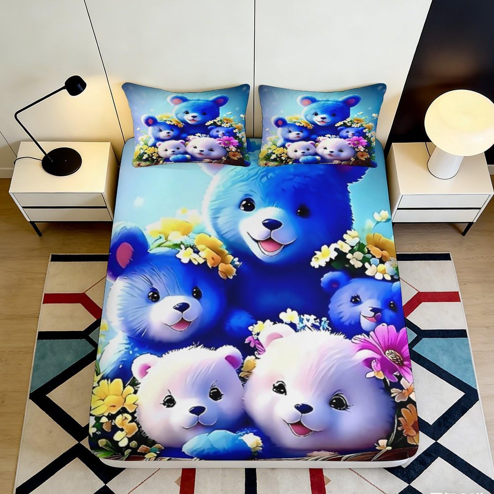 Jqzkxnhpbr Style-1 3D Printed Blue Teddy Bear Fitted Sheet Microfiber Soft Floral Cartoon Mattress Cover For Bedroom Dorm Decor Protection 90X200x25cm