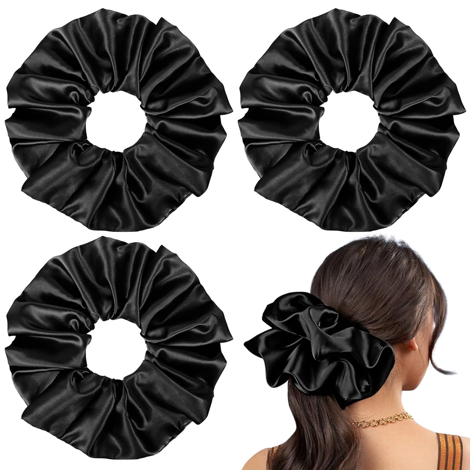 9.5 inch Silk Scrunchies Oversized Scrunchie Jumbo Scrunchies Giant Silk Scrunchie Extra Large Satin Scrunchies Thick Elastic Fluffy Hair Ties for Women and Girls 3 Pack (Black, Black, Black) 3 Count (Pack of 1) 9.5 Inches Black, Black, Black