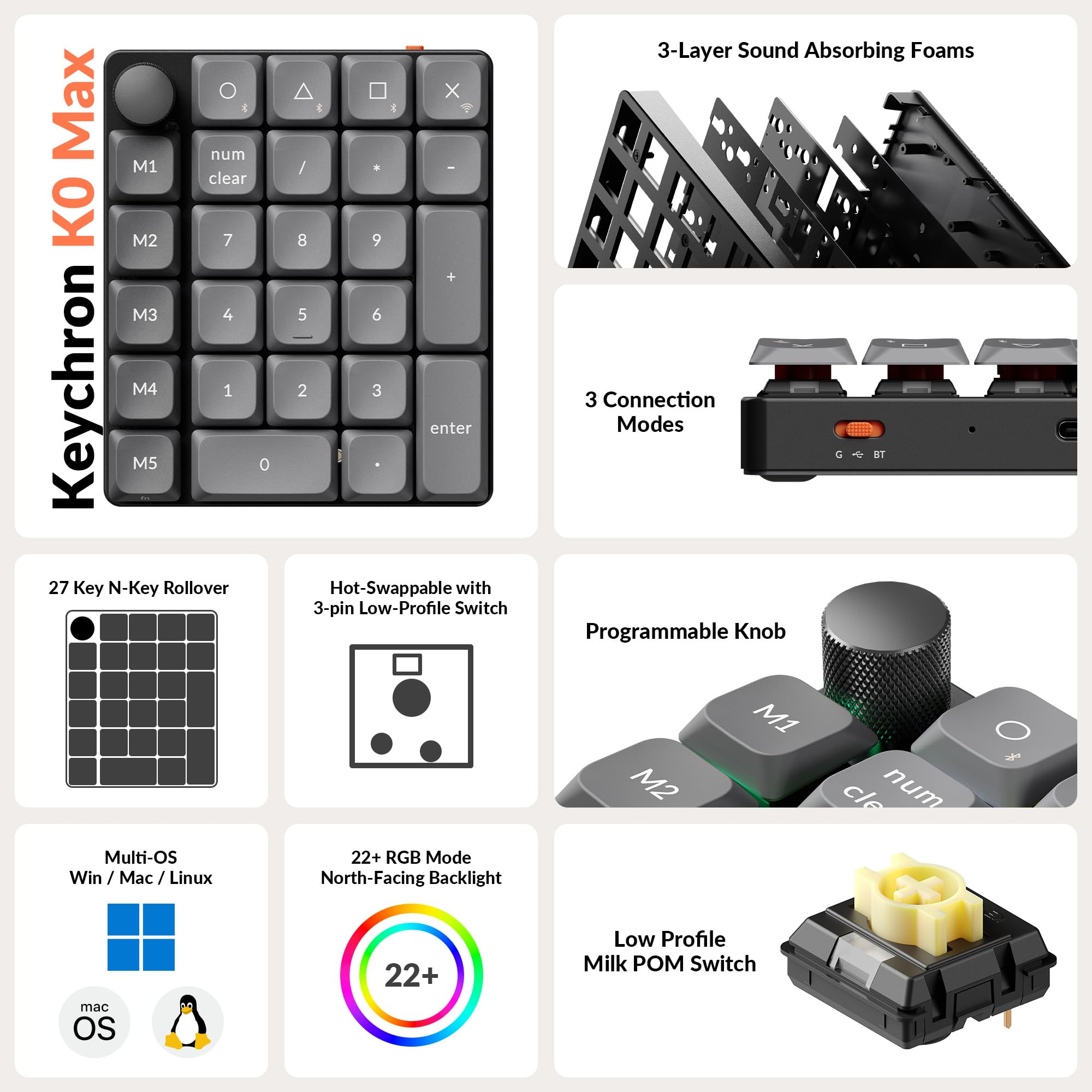 Keychron K0 Max Kabelloser Numpad, Low-Profile, programmierbar mit QMK/Launcher, 2,4 GHz & Bluetooth 5.3, 1000 Hz Abtastrate, mit Drehknopf, Hot-Swap-fähig, RGB, für Windows/Mac, Bananenschalter
