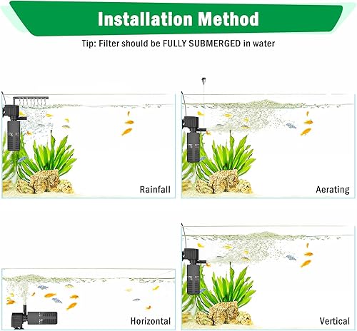 Miniatura 7 de AQQA Filtro de acuario, filtración de 3 etapas, fabricante de ondas ajustables y oxigenador, bomba sumergible silenciosa de 12 W 115 GPH, filtro de