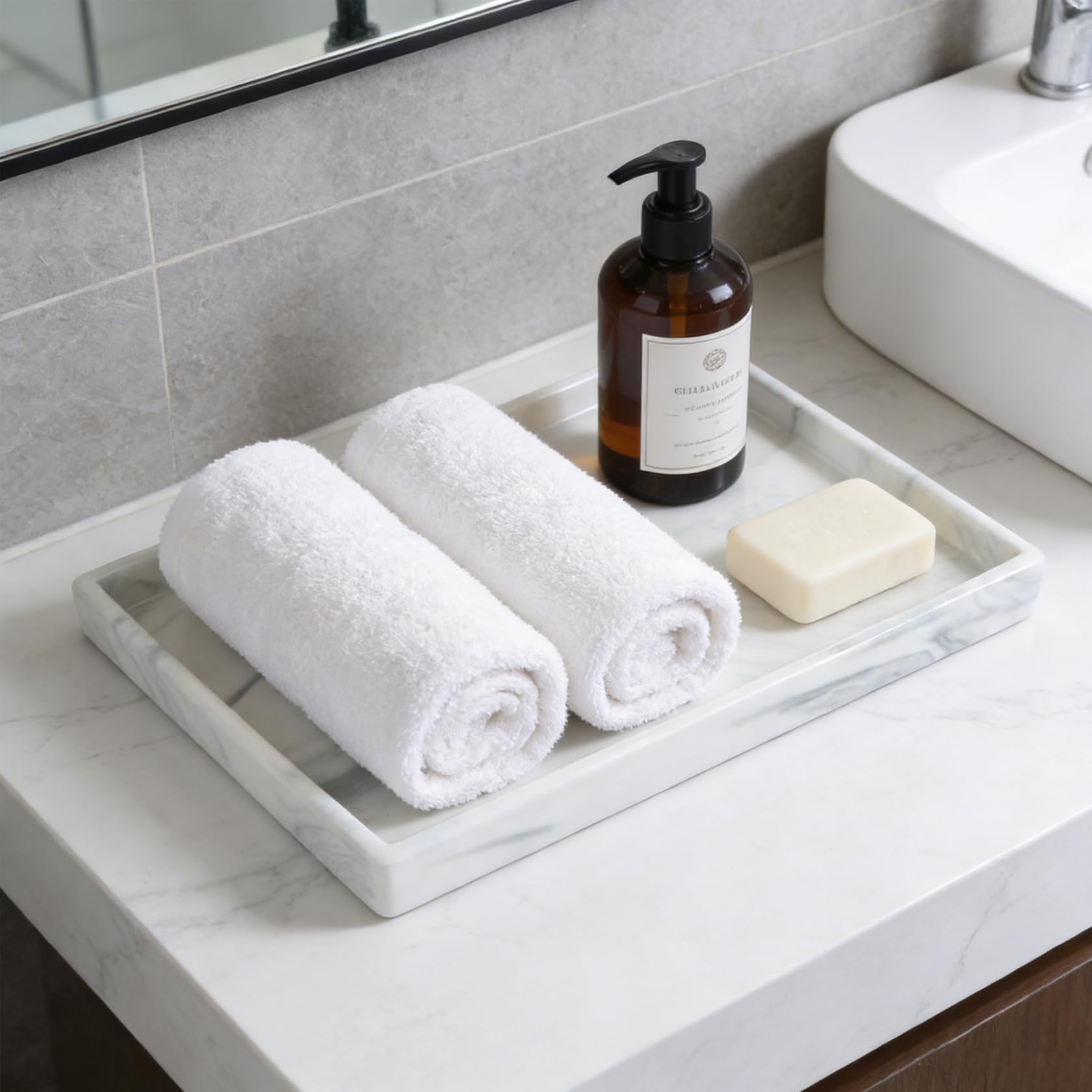 Grand plateau décoratif en marbre de 30 x 20 cm, grand plateau de courtoisie blanc, plateau de salle de bain rectangulaire pour bougie, petite plante, savon, bijoux