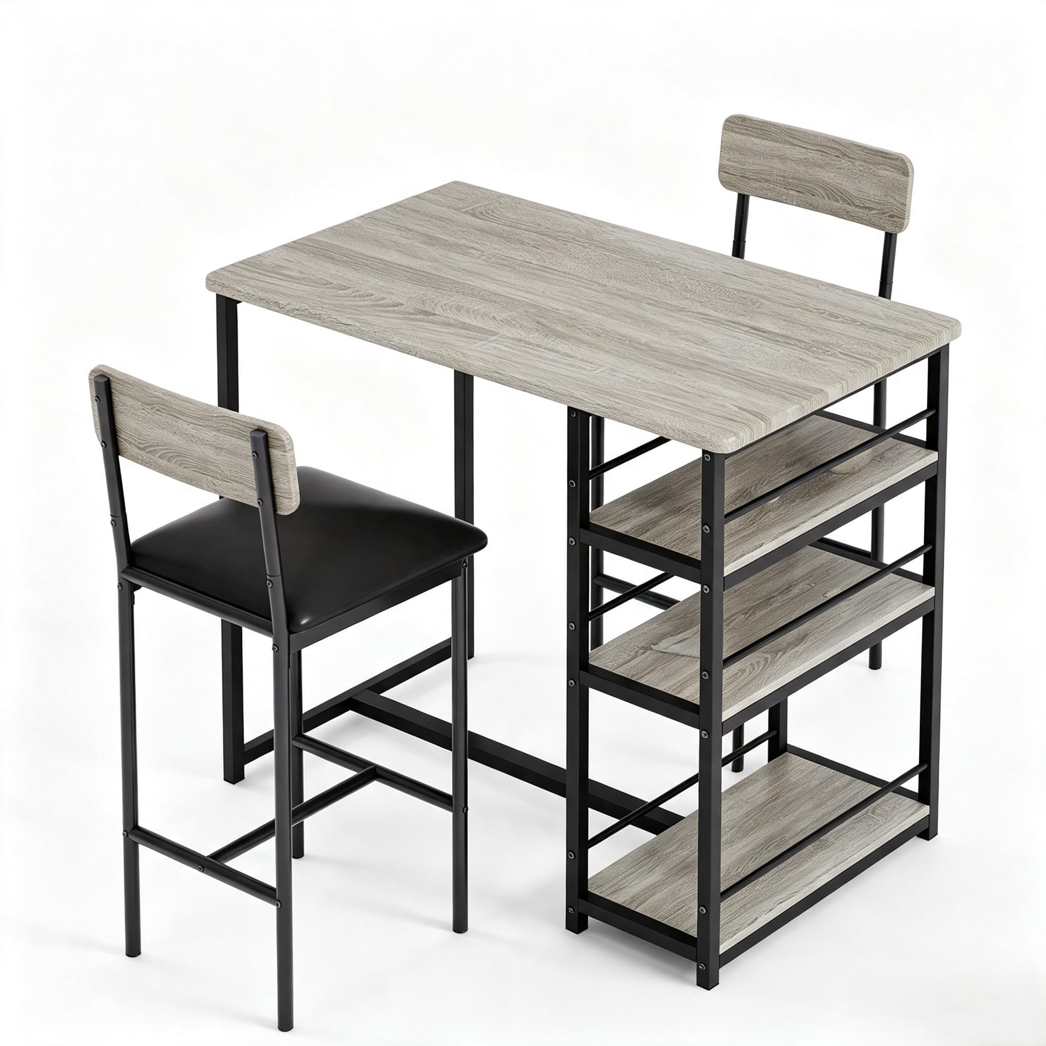 IDEALHOUSE Platzsparendes 3-teiliges Esszimmer Set für 2 Personen – Bar Tisch & 2 gepolsterte Stühle mit 3 großen Ablagen – Für kleine Räume, Apartment & Frühstück – Rustikales Grau, Set 1+2