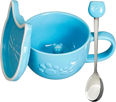 Koolkatkoo Cat Ceramic Coffee Mug with Lid and Spoon, Blue, 10oz