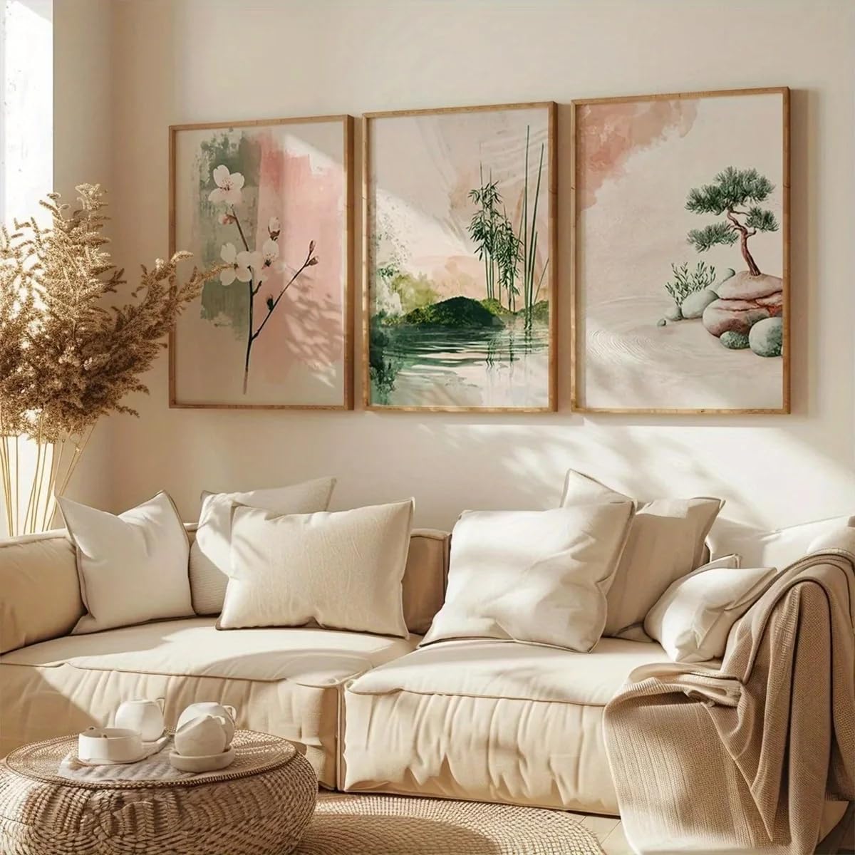 LTjiajuypd Japandi Zen Landscape Wall Art Cherry Blossom Bonsai Scenery Minimalist Poster Modern Home(60x90cm-3Pcs)