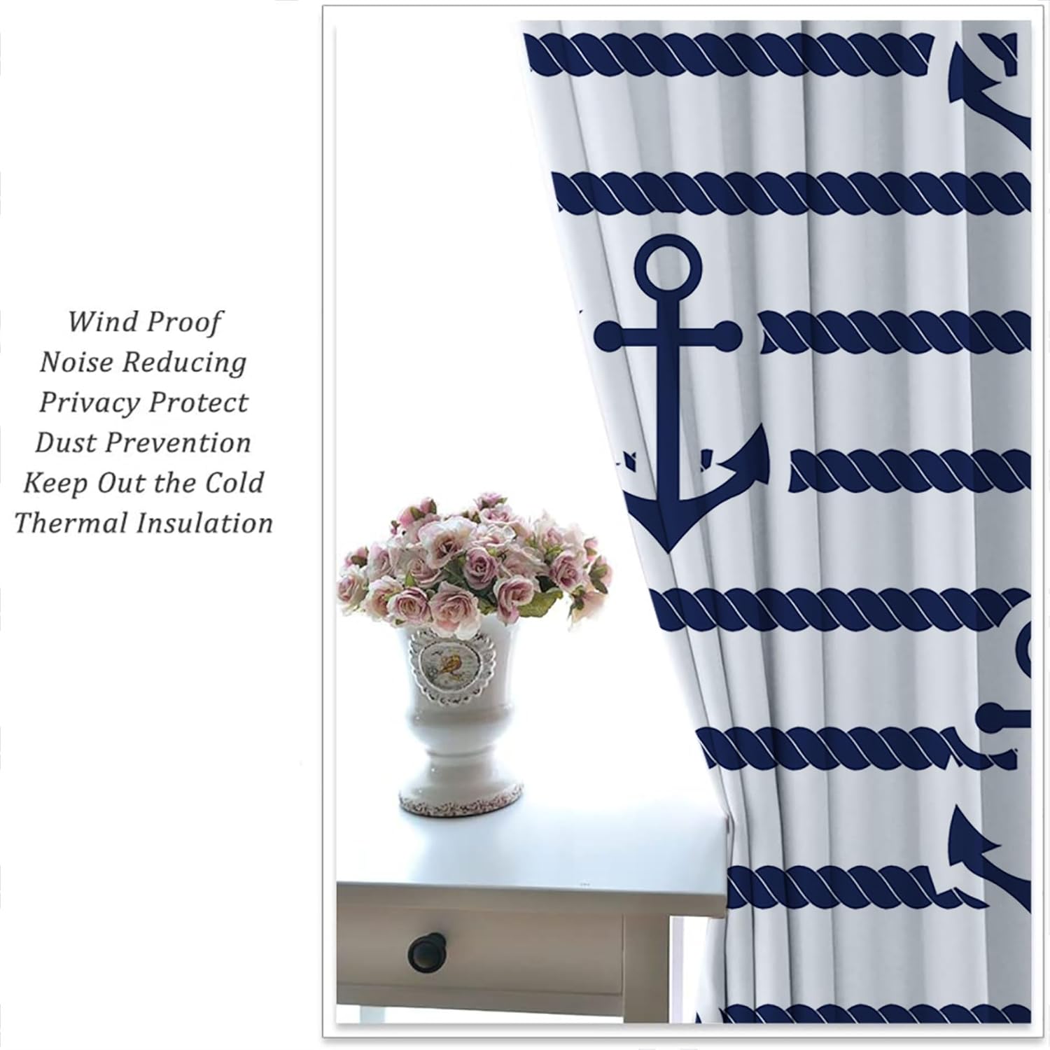 Nautical Anchor Rod Pocket Blackout Curtains for Boy Girl Bedroom, Geometric Style Abstract Art Navy Blue Stripe Light Filtering Window Drapes for Living Room Home Decor Privacy, 42x63 inch