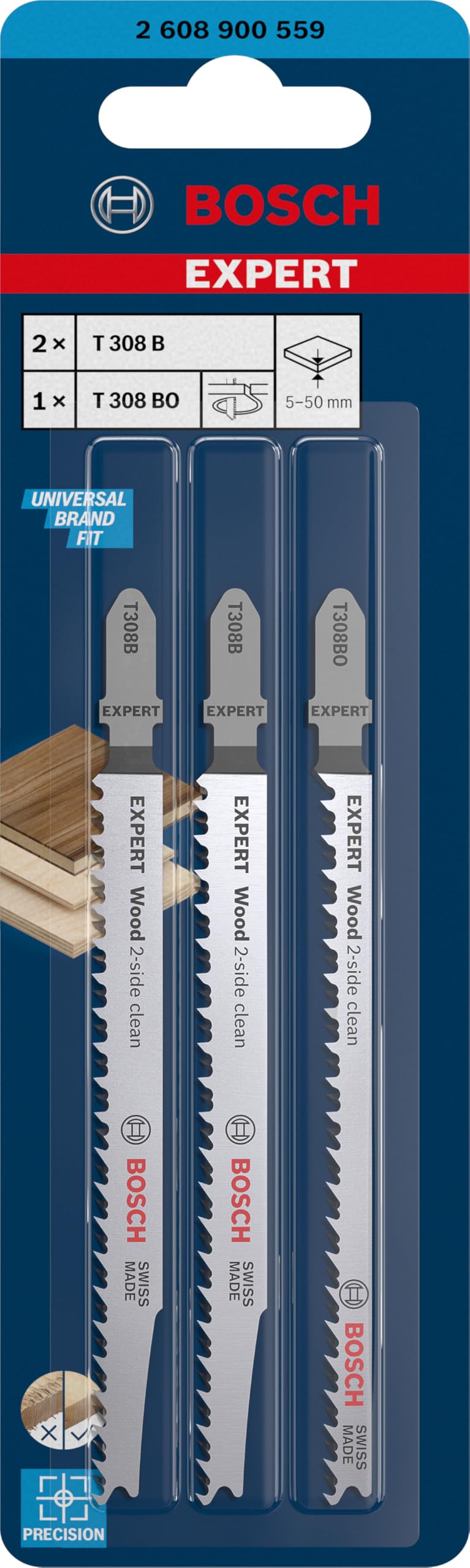 Bosch Professional 3 x Set de hojas de sierra de calar Expert Wood 2-Side Clean, para Contrachapado, Tablero para mobiliario de madera maciza, Longitud 117 mm, Accesorios Sierra de calar