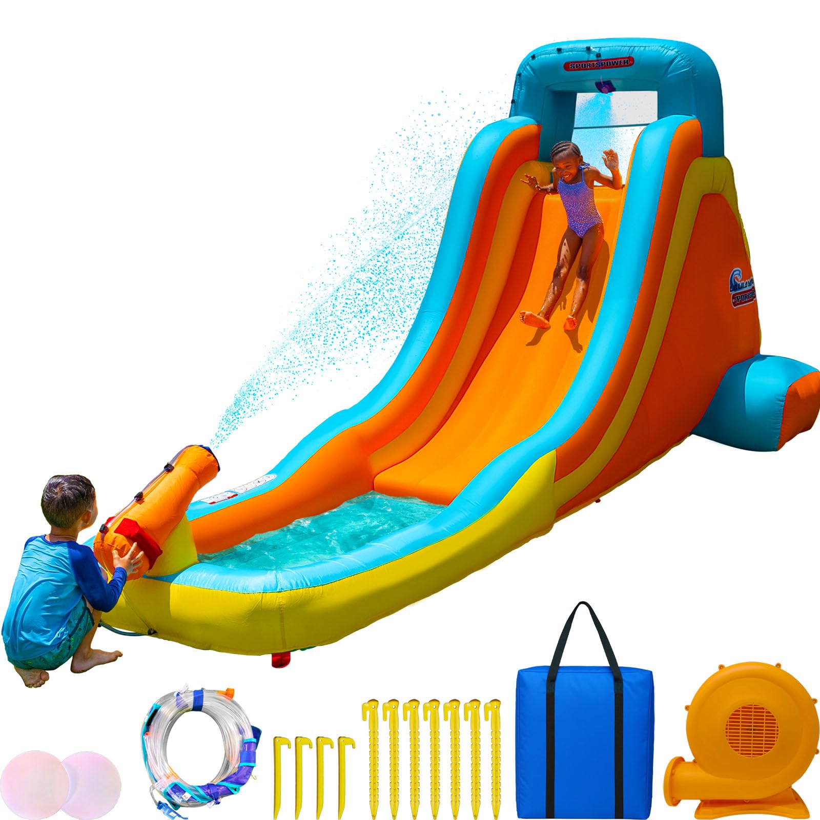 Sportspower My First Inflatable Water Slide - Heavy-Duty Outdoor Slide with Water Cannon and Splash Pool - Air Blower Included, 186" L x 80.4" W x 84" H