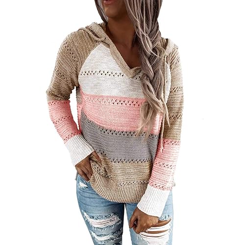 BLENCOT Women Color Block Hooded Crochet Striped Sweaters Lightweight Drawstring Hoodies Pullover Trendy Sweatshirts