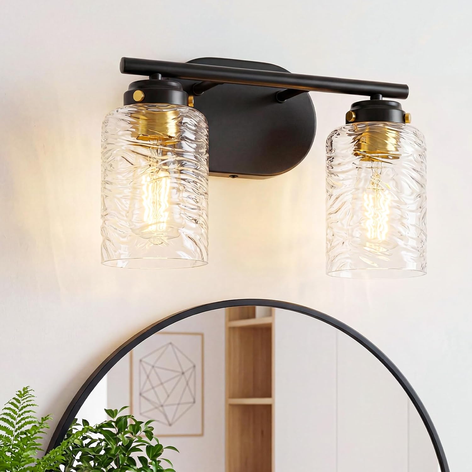 2-Light Bathroom Light Fixtures 13 Inch Black Vanity Lights for Bathroom Lighting Fixtures Over Mirror with Thick Water Ripple Clear Glass Shade for Mirror Bedroom Hallway