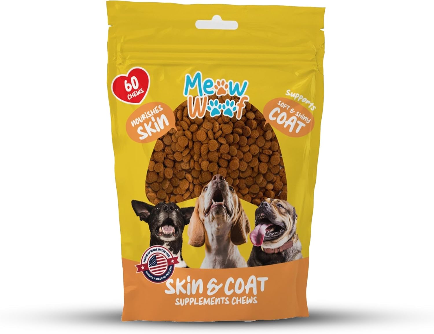 Meow Woof Dog Skin & Coat Soft Chews, Natural Dog Treats, 60 Count, Supports Healthy Skin & Shiny Coat, Probiotics & Supplements for Dogs