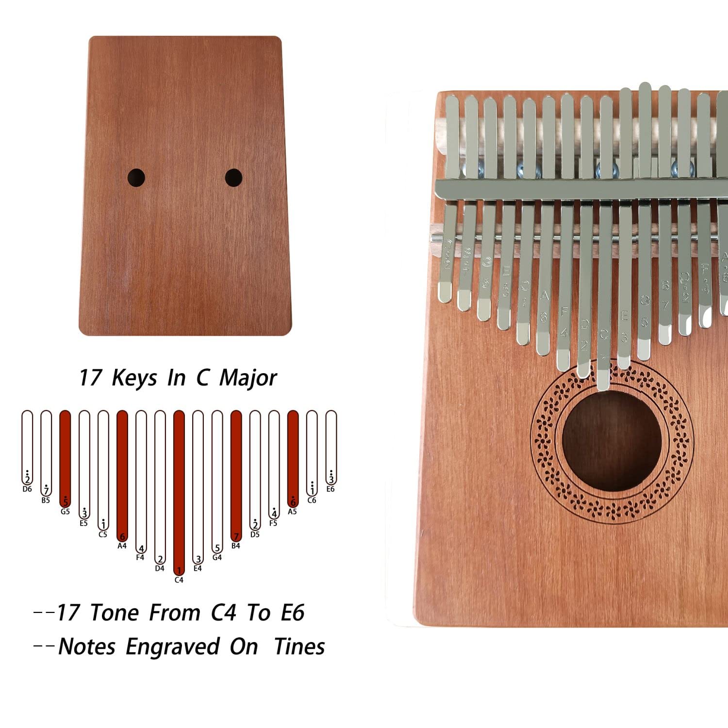 Intirilife Set di pianoforte a 17 tasti Kalimba da pollice in legno di mogano in marrone scuro - Per intrattenere la musica in viaggio o a casa