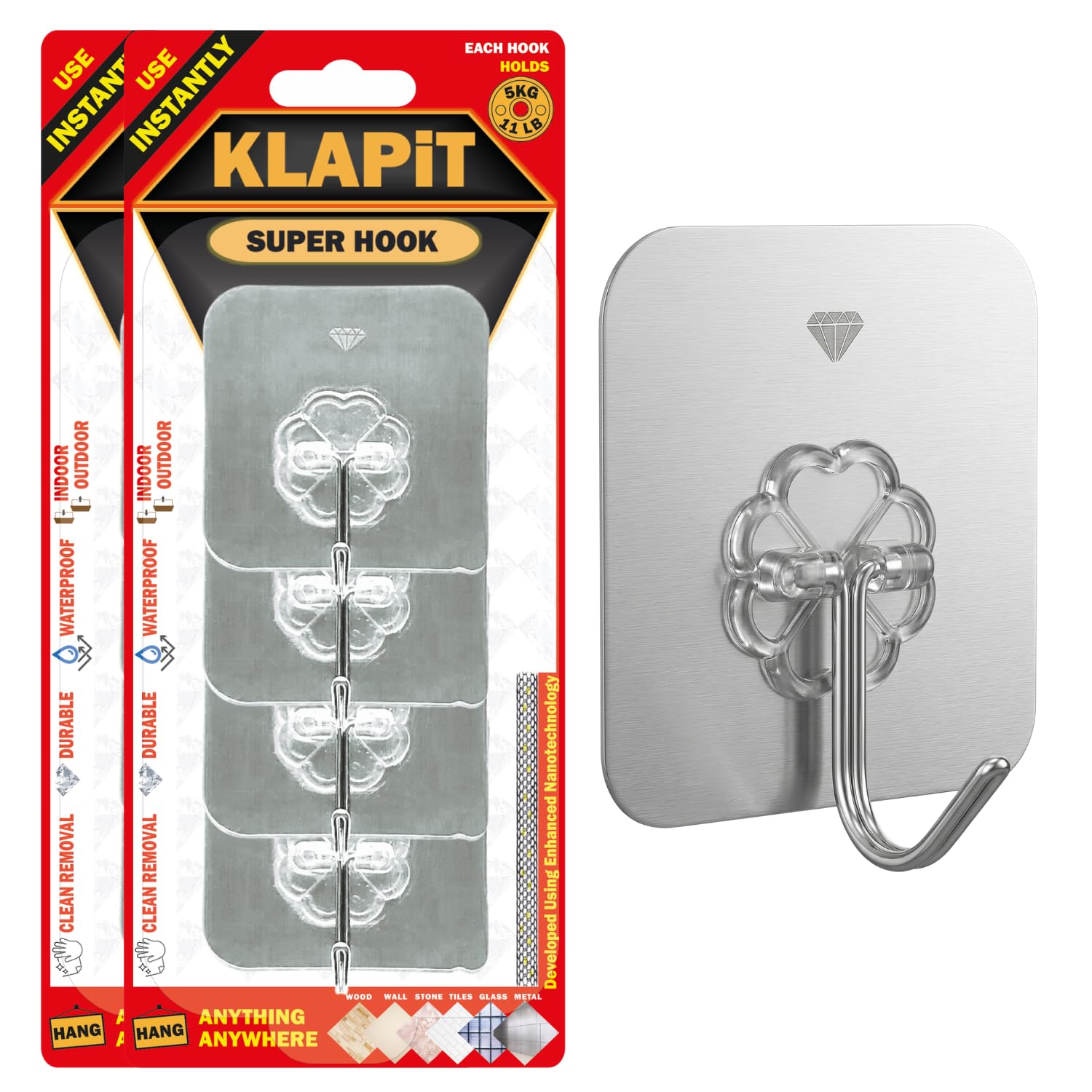 KLAPiT Super Hook - Heavy-Duty Adhesive Wall Hooks, Holds Up to 11 lbs, Waterproof, No Damage, Easy Install on Tile, Wood, Stone, Glass & Metal