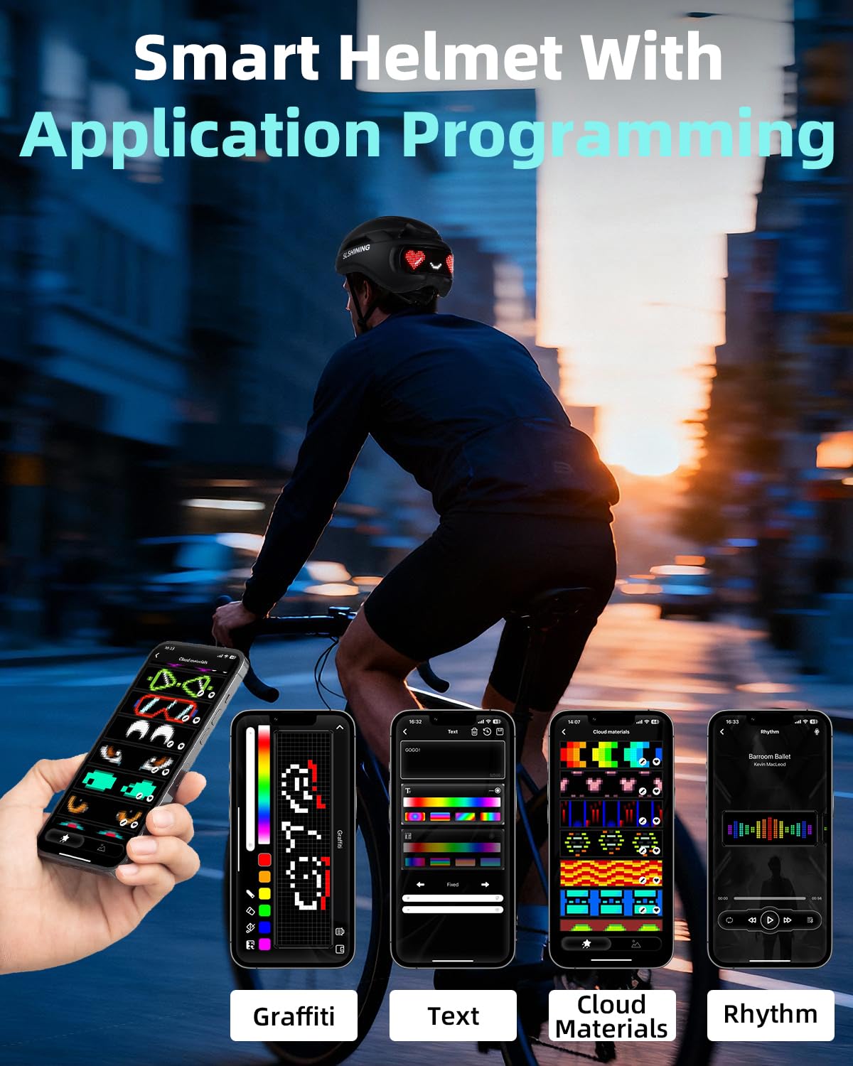 Casque LED Intelligent avec télécommande et Application,Texte et Motif DIY Personnalisable,avec Clignotant,résistant, étanche,léger, pour Hommes et Femmes Adultes,pour vélo