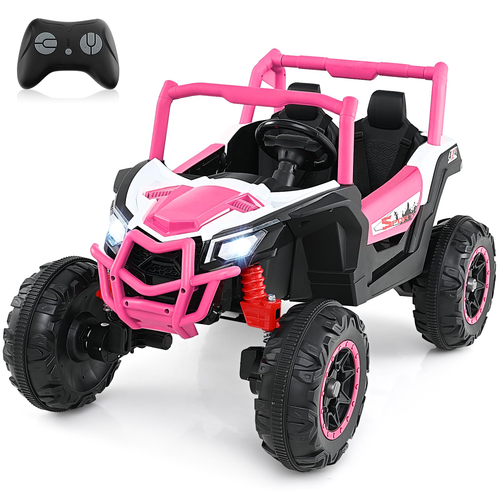 GYMAX 2-Seater Kids Electric UTV, 24V Battery Powered Toy Car with Remote Control, Lights, Music, MP3, Horn, Spring Suspension & Slow Start, Children Ride on Car for 3 Years Old+ (Pink)