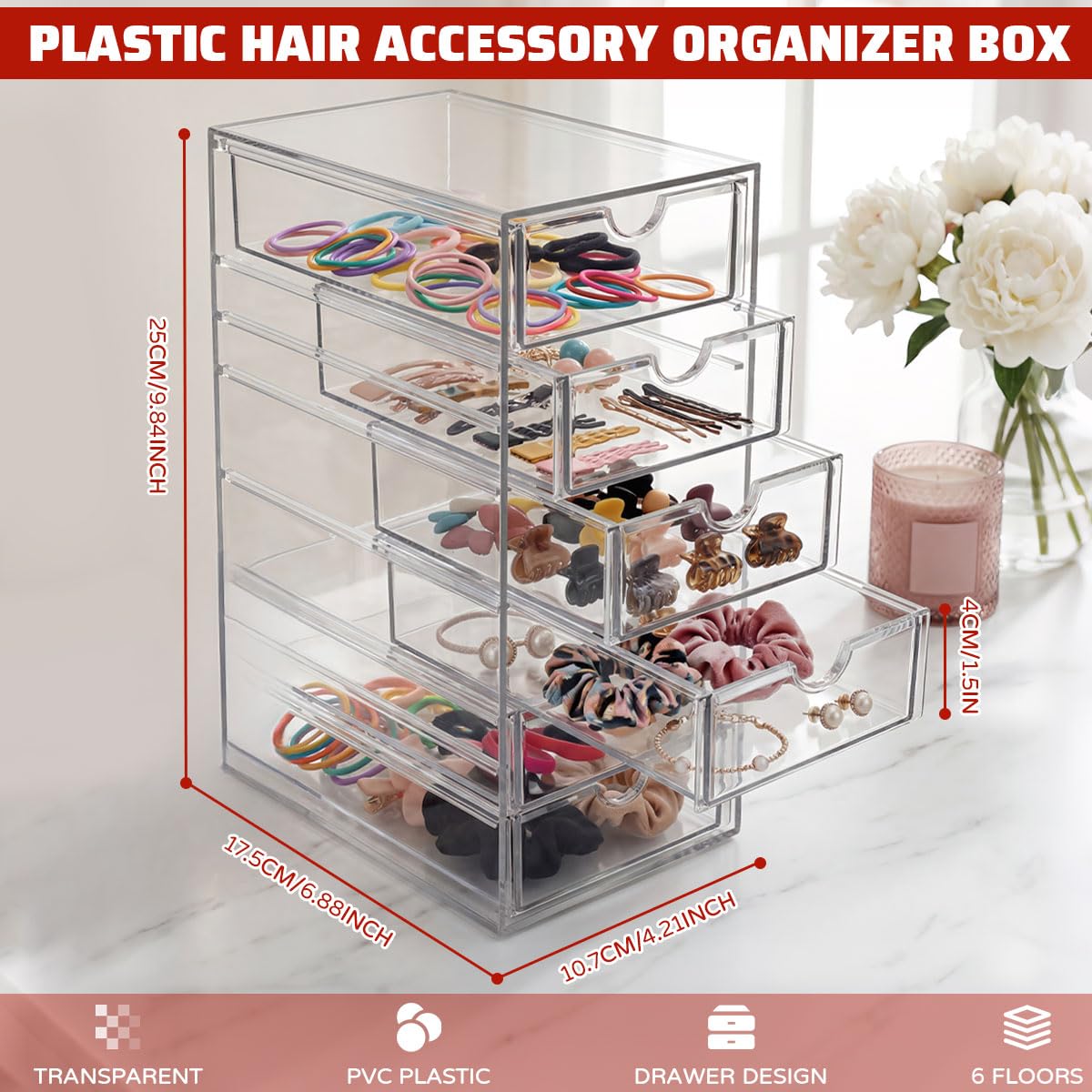 Boîte De Rangement Transparente À 6 Compartiments Range Pinceaux Maquillage Accessoires Tiroir Rangement Pour Bijoux, Cosmétiques Et Fournitures De Bureau 25x17.5x10.7 Cm