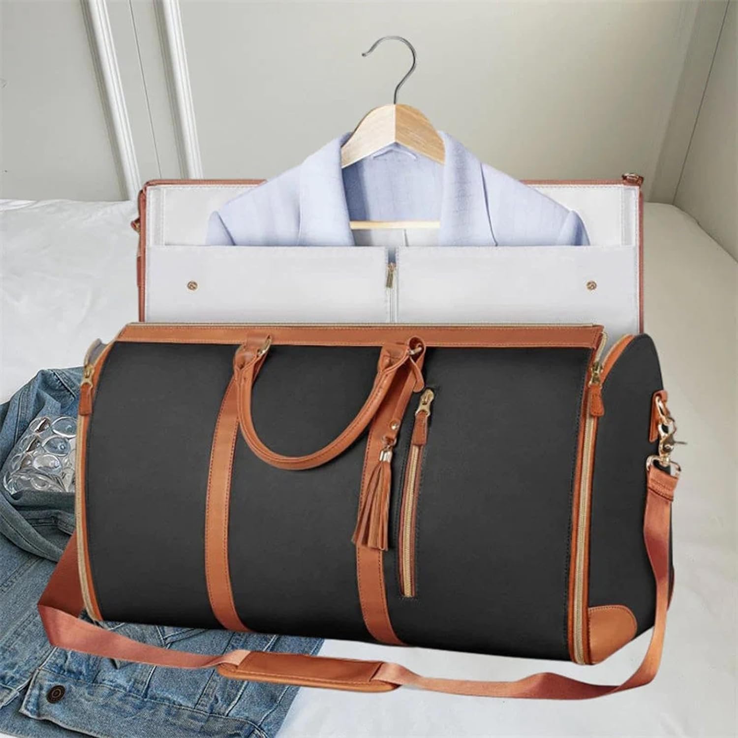 Garment Bag for Travel,Convertible Carry On Garment Bags for Women,Folding Suit Luggage,Bolsas Impermeables para Ropa,Bolsa Viaje Grande De Cuero De PU, con Bolsa para Zapatos, para Mujeres/Hombres