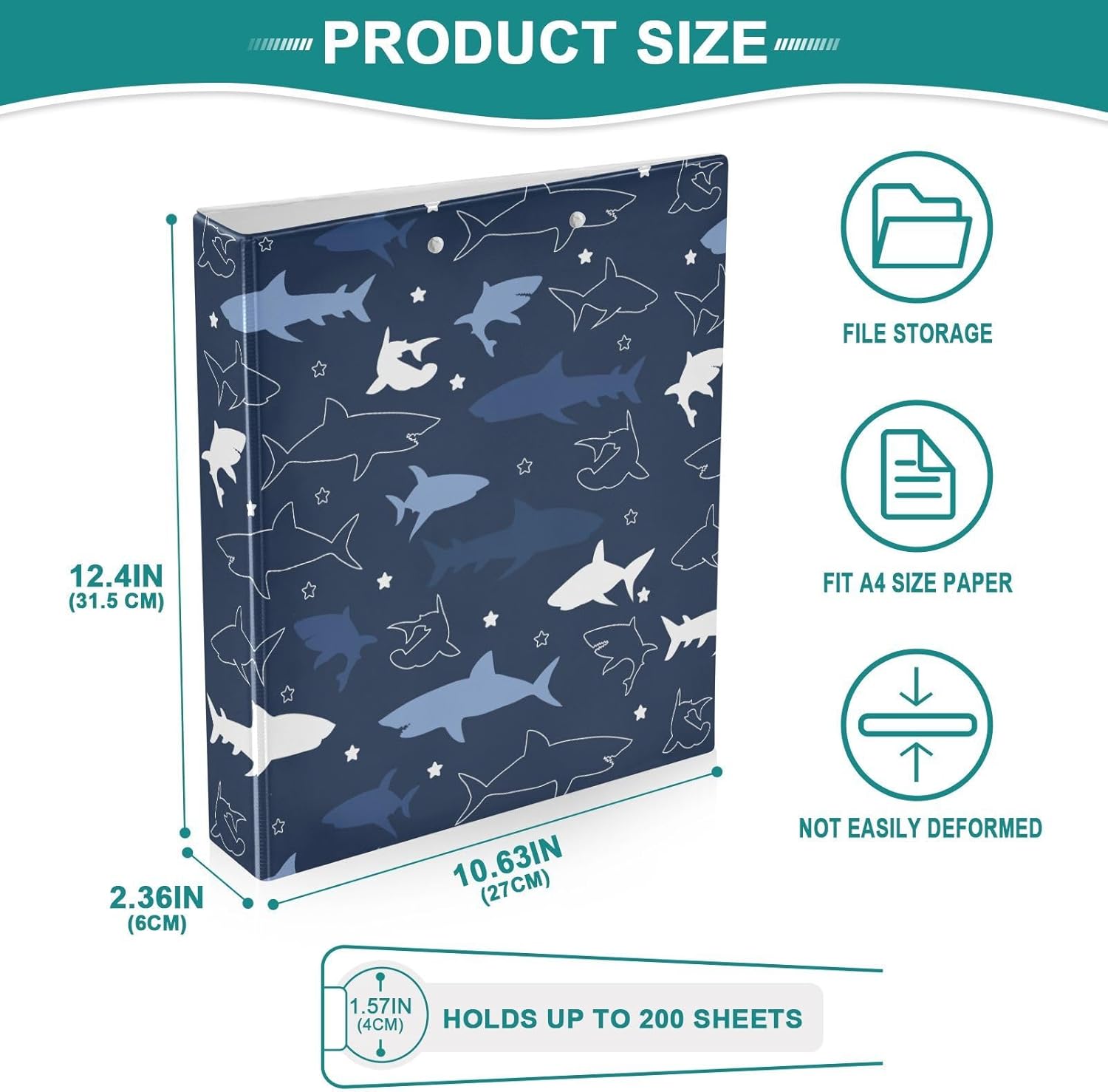 3 Ring Binder 1.5 Inch Shark Cartoon Blue Storage Binder with 3 Storage Pockets for Women School Office Supplies