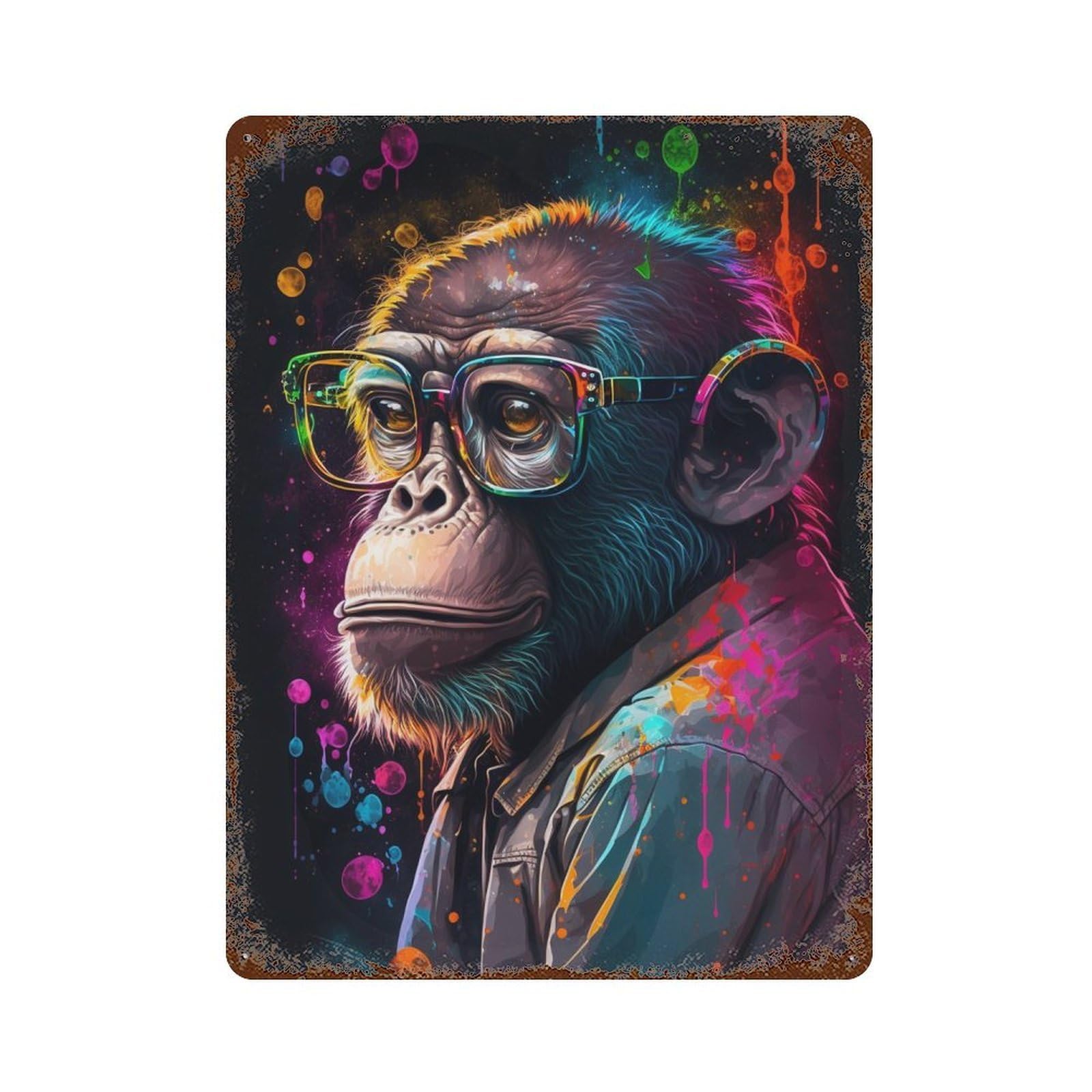 Rust Effect Colorful Monkey Art Print Aged Metal Wall Plaque 15.7"x11.8", Classic Wall Plaque for Basement, Hobby Room And Garage Decor