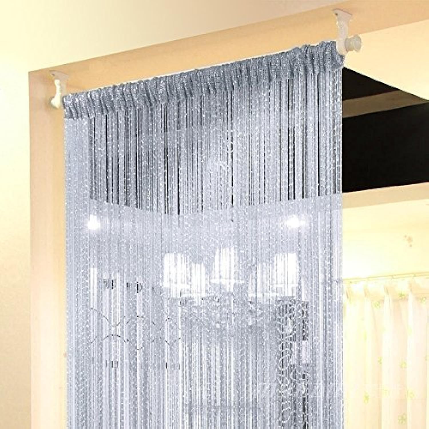 Topixdeals Door Fringe Curtain,Rare Flat Silver Ribbon Door String Curtain Thread Fringe Window Panel Room Divider Cute Strip Tassel Party Events(110 X 110 Inch (1 Pack), Silvery-Gray)