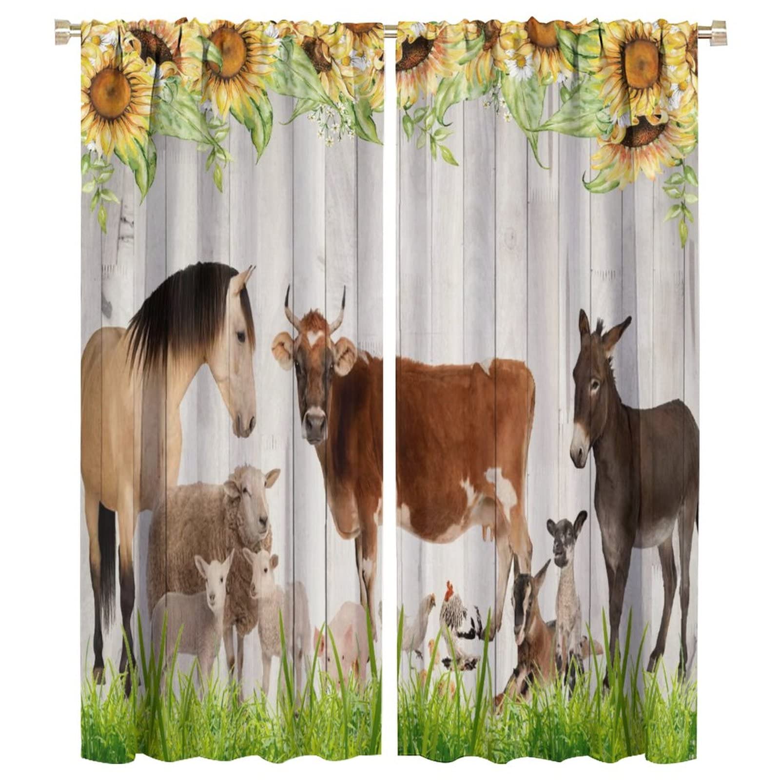Farm Animal Curtains,Farmhouse Animals Cow Horse Sheep Duck Sunflower Wooden Plank Background Blackout Window Door Curtains for Bedroom Living Room Home Decor W42xL54in