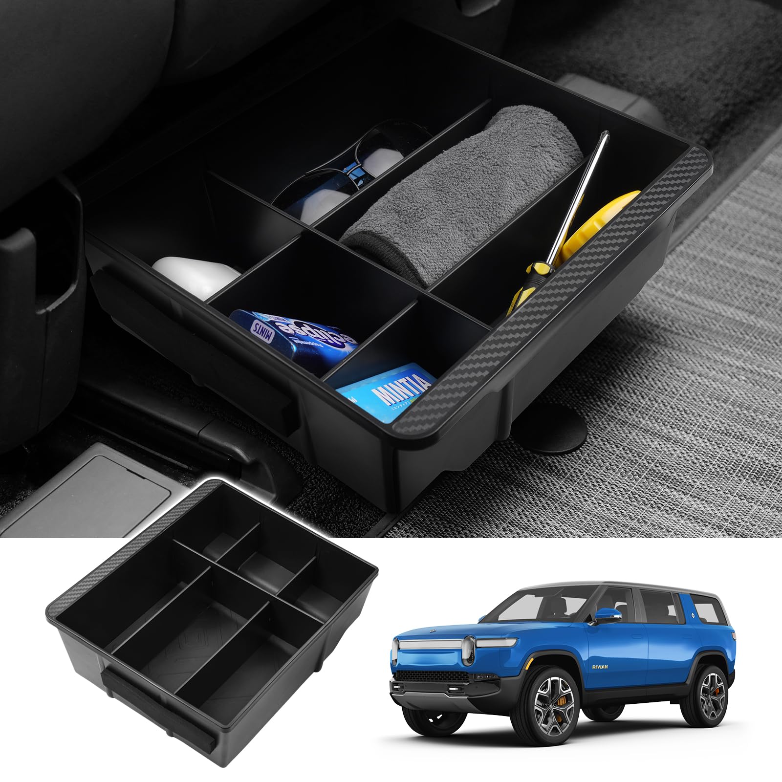 Karltys Under Seat Storage Box Organizer with Partitions for Rivian R1S R1T 2022-2025 Accessories, Hidden Storage Box with Silicone Anti-Slip Mat, ABS Underseat Storage Organizer