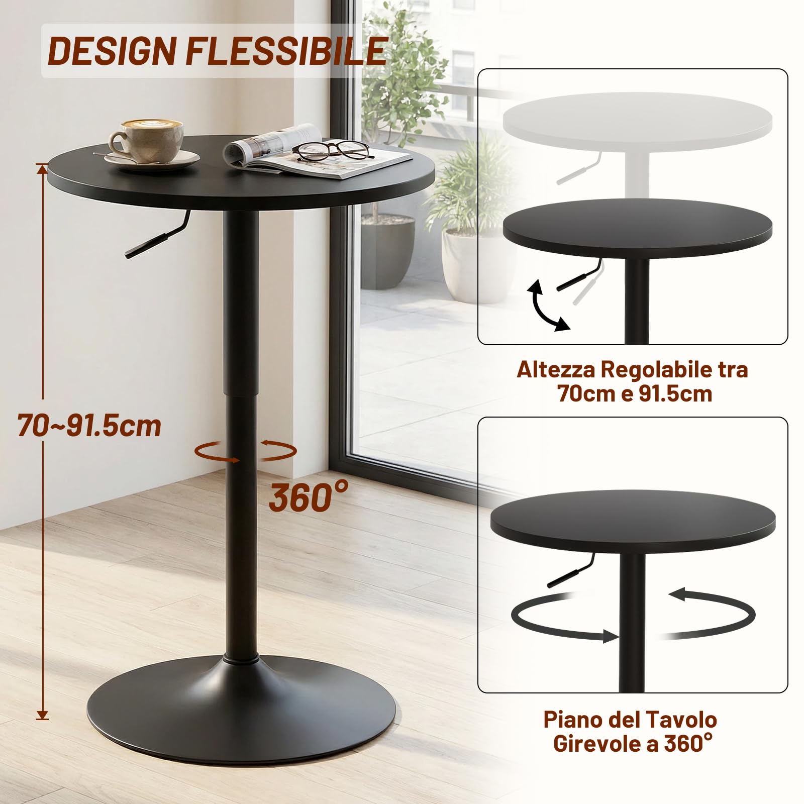 2er Set 2in1 Bartisch Runder Bistrotisch, Stehtisch 360° Drehbar Höhenverstellbar 70–91.5cm, Ø 60cm Partytisch aus Metall für Klub Wohnzimmer Küche Balkon Bar, Schwarz