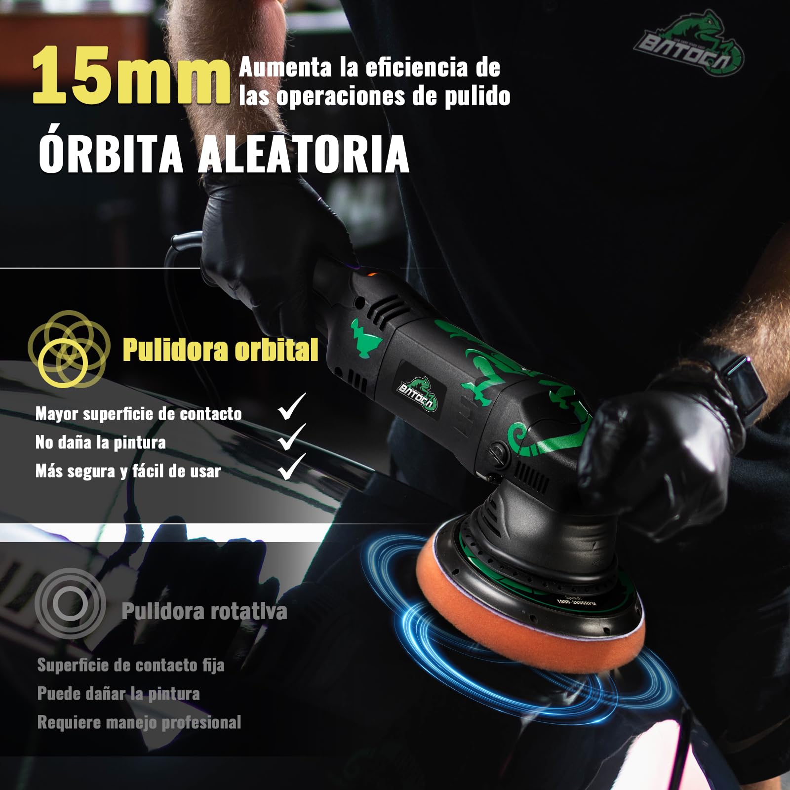 BATOCA T1 Pulidora Orbital 15mm,1100W Máquinas pulidoras,Excéntrico Pulidor de Coches,Pulir,Lijadora,Enceradora,125mm/150mm Kit de Pulido,2500-5500RPM,Cuidado Pintura,Encerar Automóviles Mueble