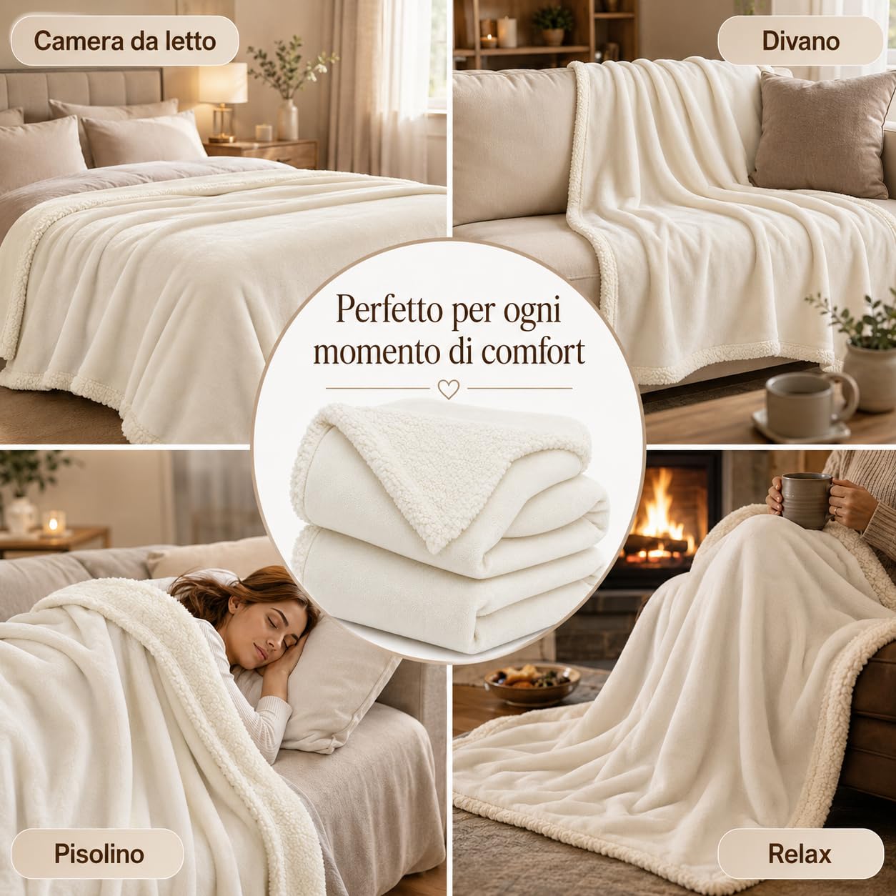 Coperta Plaid Pile, Sherpa e Flanella, 210x230 cm,Bianco