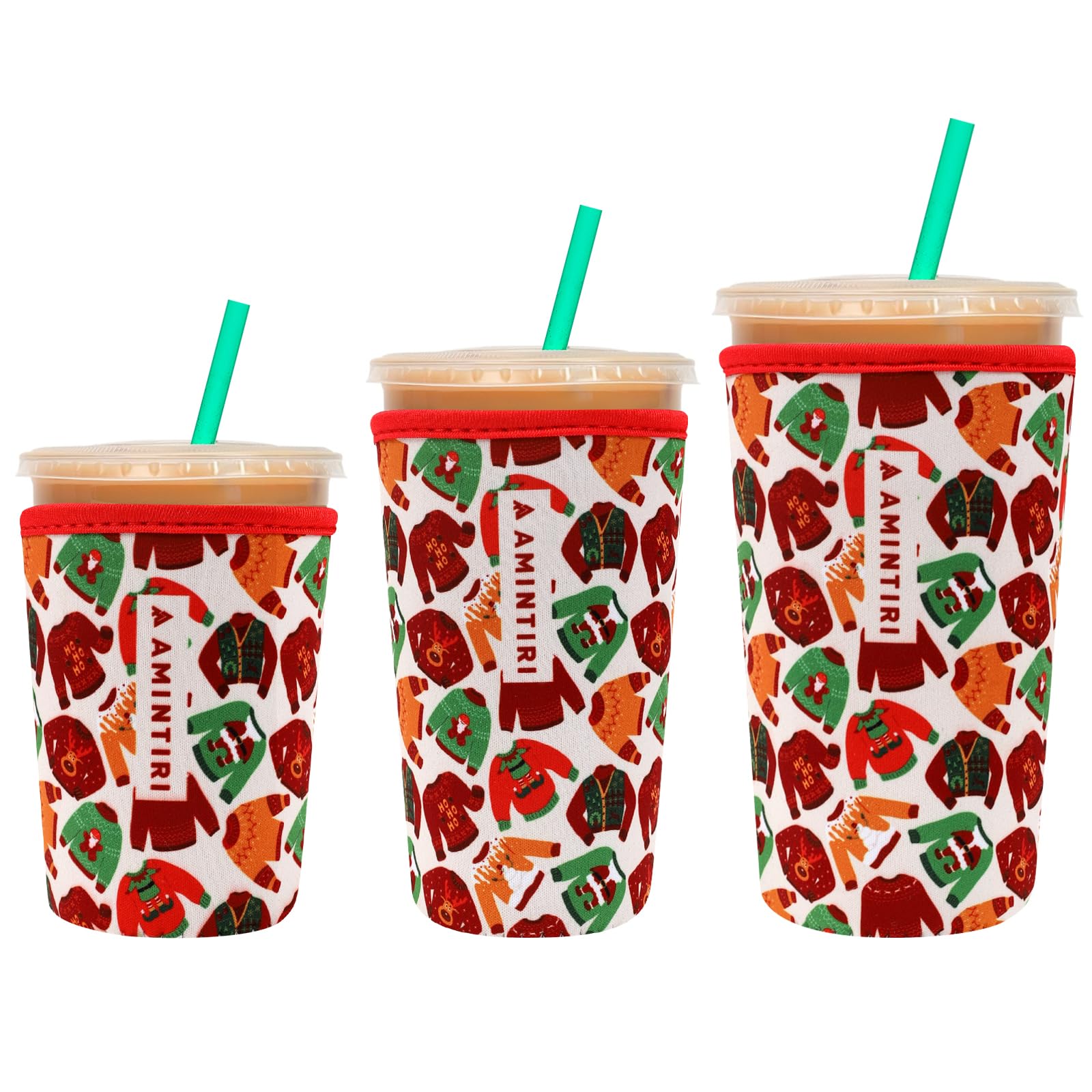 3 Pack Reusable Sleeve for Iced Coffee Cup, Coffee Neoprene Sleeve for Iced&amp;Hot Drinks, Coffee Sleeve Compatible with Starbucks, Dunkin Coffee Cup. (Christmas Sweater)