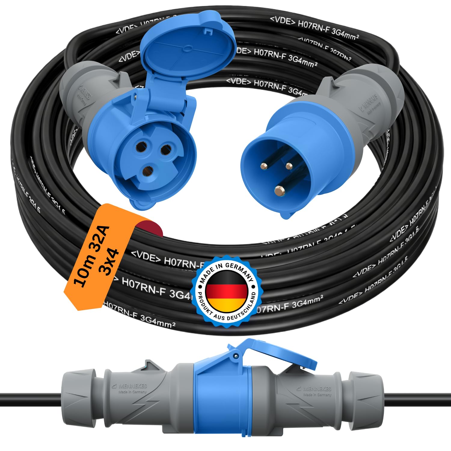 CEE Verlängerungskabel 10m 32A H07RN-F 3x4mm² mit MENNEKES Stecker & Kupplung 230V Kabel Outdoor Verlängerungskabel für Landstromanschluss Wohnmobil Caravan Camping Stromkabel & Werkstatt Industrie
