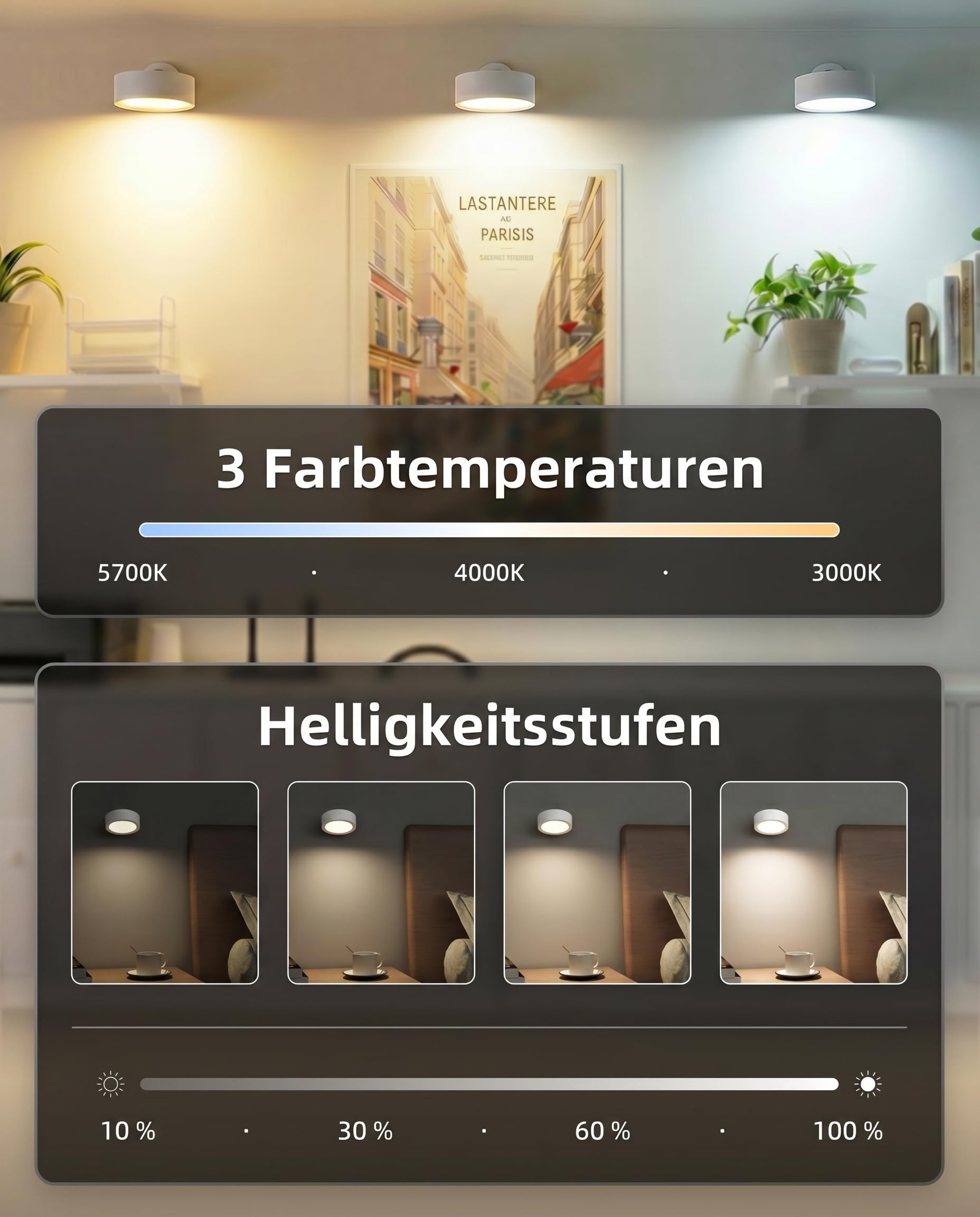EZVALO Wandleuchte Innen mit 3000 mAh Akku, 2 Stück (3,7 Zoll) Wandleuchte kabellos mit Fernbedienung, 3 Farbmodi dimmbar LED-Akku-Wandlampe für Wohnzimmer, Schlafzimmer, Kinder, Grauweiß