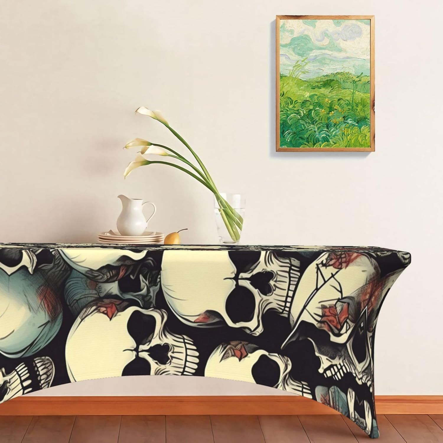 Skull Skeleton Print Table Cover Rectangular Tablecloth for 6-Foot Tables for Wedding Banquets Outdoor