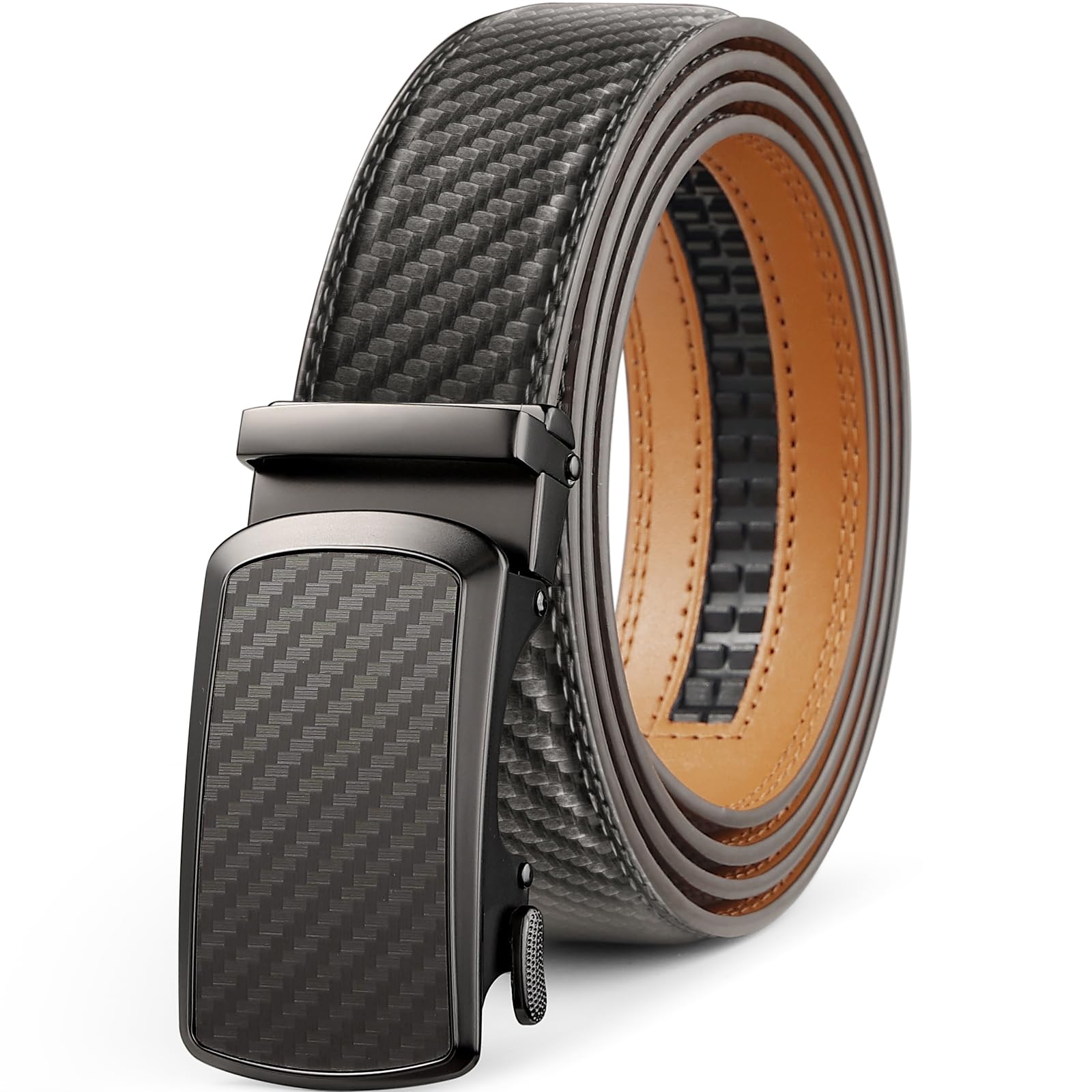 Drowsmen Leather ratchet belt 1 3/8" with Click Sliding Automatic Buckle, Adjustable belt Trim to Fit