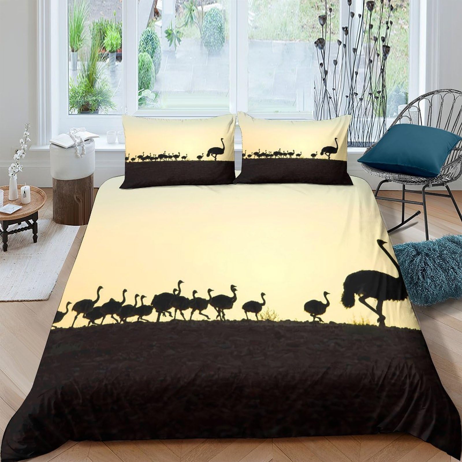 GPLZQXKJNH 3D Printed Ostrich Family Duvet Cover Microfiber Soft Breathable Sunset Silhouette Bedding Set with 2 Pillowcases for Bedroom Decor Single（135x200cm）