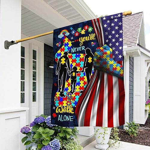 Miniatura 2 de FLAGWIX Bandera estadounidense con texto en inglés "You Never Walk Alone", bandera de concientización sobre el autismo, bandera de casa (29.5 x 39.5
