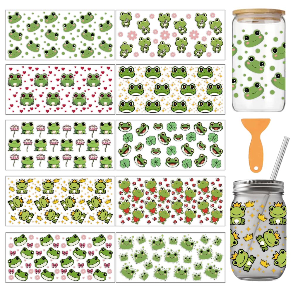 arricraft 10 Pcs Frog Theme PVC Cup Transfer Stickers, Cartoon Frogs with Flowers Hearts Pattern UV Waterproof Cup Sticker Kit for 16 oz Glasses Window Home Printing Decoration